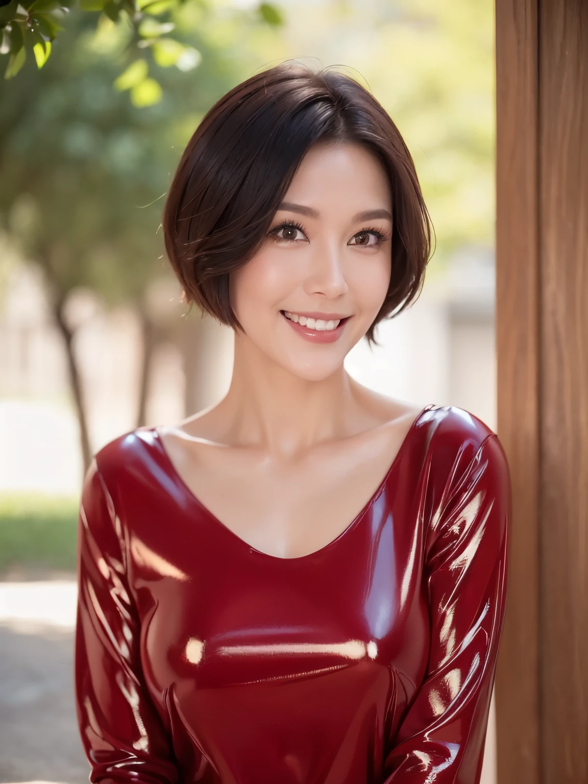 (38 years old), (black wool jacket),(white wool pants)、(white ruffle blouse), double eyelid, eyelash, Red lip gloss, (smile)、 (looking at the viewer、Are standing), (From above:0.2)、尖ったred mouth、(black wet shiny short hair),red mouth,clavicle、 (Photoreal:1.3),(RAW photo),(woman standing in front of an old castle, Beautiful lawn, squirt, Bright sunshine in the city of Modena, Italy) , 8k, Super detailed, highest quality, rough skin, anatomically correct, masterpiece , highest quality, cinematic lighting, Use perspective throughout , surrealism , ,(realistic:1. 3),(RAW photo) , black hair, light smile, short hair, bob cut, anaglyph, stereogram, (mature woman:1), (38 years old), ((close:0.5)), glare, double eyelids, lip gloss, (smile:1), ((close your eyes:0.85)), red mouth, clavicle, ((looking at the viewer)), (short hair of reddish-brown color wet and shiny,), (I can see the whole body) , Slightly thick body type , wide eyed , perfectly round eyes , fine texture