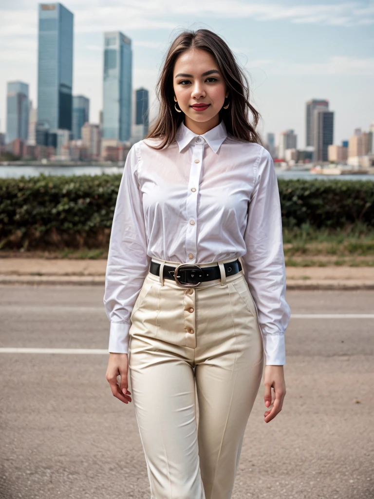 beautiful photograph of a smart looking 1girl, solo, outdoors, standing against a city skyline at midnight, wearing a crisp (white, collared shirt), fine fabric emphasis, perfectly defined button detailing, (((black high-waisted pants))), belt, diamond stud earrings, long sleek blonde hair, brown eyes, freckles, sensual smile, slender figure, full body shot, photographed on a Fujifilm XT3, 80mm F/1.7 prime lens, cinematic film still, cinestill 500T, highly detailed, masterpiece, highest quality, intricately detailed, HDR, 8k, uhd, photorealistic