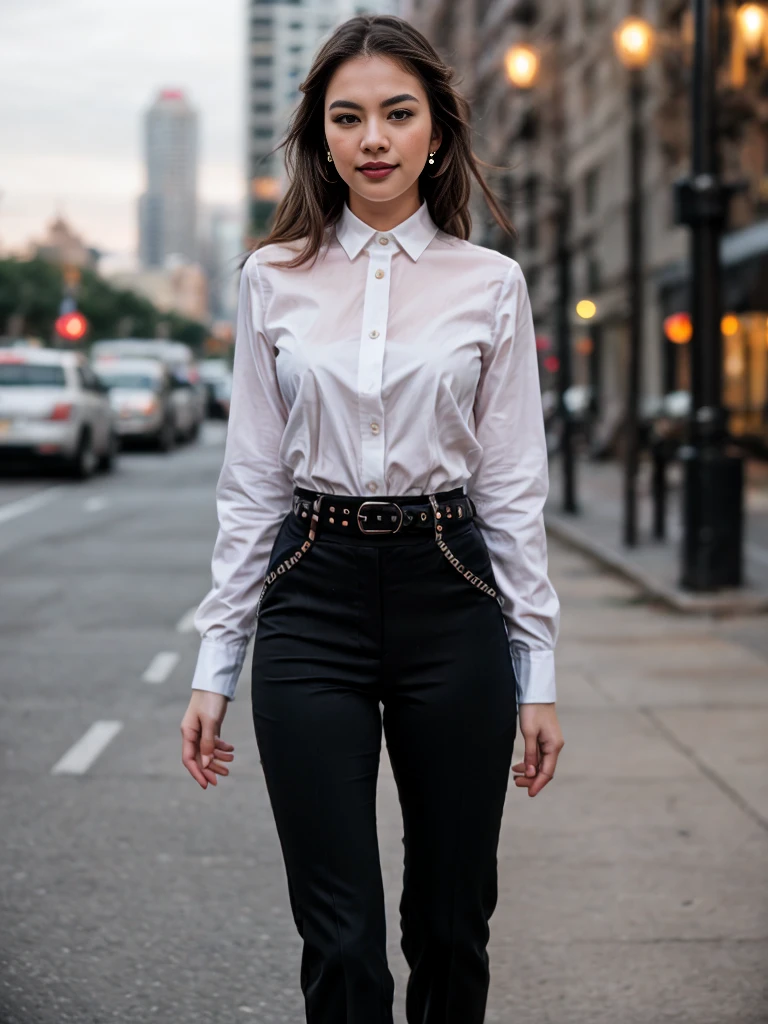 beautiful photograph of a smart looking 1girl, solo, outdoors, standing against a city skyline at midnight, wearing a crisp (white, collared shirt), fine fabric emphasis, perfectly defined button detailing, (((black high-waisted pants))), belt, diamond stud earrings, long sleek blonde hair, brown eyes, freckles, sensual smile, slender figure, full body shot, photographed on a Fujifilm XT3, 80mm F/1.7 prime lens, cinematic film still, cinestill 500T, highly detailed, masterpiece, highest quality, intricately detailed, HDR, 8k, uhd, photorealistic