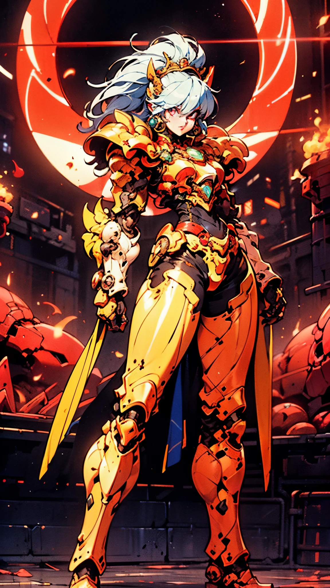 A woman adorned in fantasy-style full-body armor, a crown-concept fully enclosed helmet that unveils only her eyes, a composite layered chest plate, fully encompassing shoulder and hand guards, a lightweight waist armor, form-fitting shin guards, the overall design is heavy-duty yet flexible, ((the armor gleams with a golden glow, complemented by red and blue accents)), exhibiting a noble aura, she floats above a fantasy-surreal high-tech city, this character embodies a finely crafted fantasy-surreal style armored hero in anime style, exquisite and mature manga art style, (Queen bee mixed with Spider concept Armor, plasma, blood), ((Element, energy, elegant, goddess, femminine:1.5)), metallic, high definition, best quality, highres, ultra-detailed, ultra-fine painting, extremely delicate, professional, anatomically correct, symmetrical face, extremely detailed eyes and face, high quality eyes, creativity, RAW photo, UHD, 32k, Natural light, cinematic lighting, masterpiece-anatomy-perfect, masterpiece:1.5
