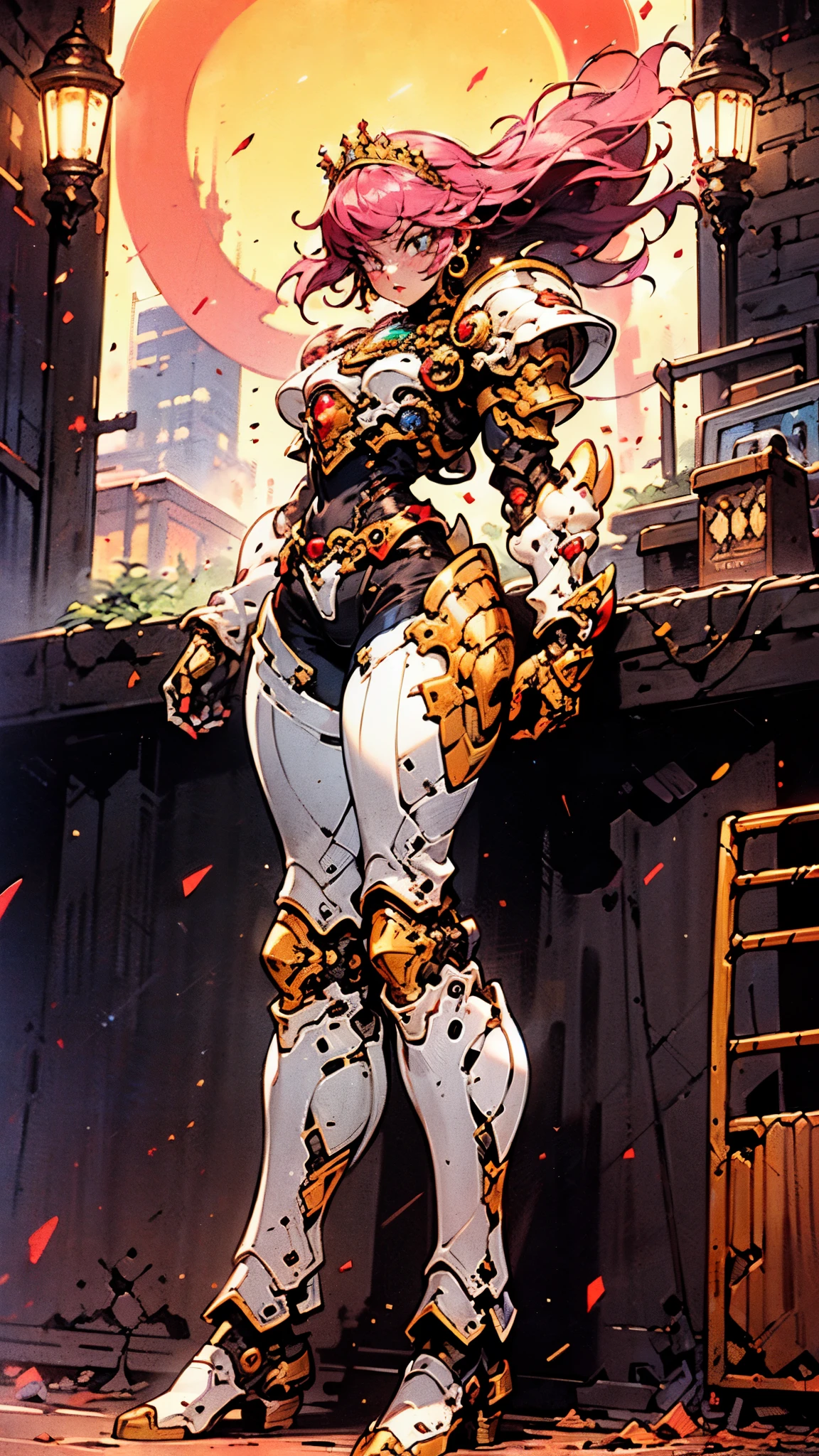 A woman adorned in fantasy-style full-body armor, a crown-concept fully enclosed helmet that unveils only her eyes, a composite layered chest plate, fully encompassing shoulder and hand guards, a lightweight waist armor, form-fitting shin guards, the overall design is heavy-duty yet flexible, ((the armor gleams with a golden glow, complemented by red and blue accents)), exhibiting a noble aura, she floats above a fantasy-surreal high-tech city, this character embodies a finely crafted fantasy-surreal style armored hero in anime style, exquisite and mature manga art style, (Queen bee mixed with Spider concept Armor, plasma, blood), ((Element, energy, elegant, goddess, femminine:1.5)), metallic, high definition, best quality, highres, ultra-detailed, ultra-fine painting, extremely delicate, professional, anatomically correct, symmetrical face, extremely detailed eyes and face, high quality eyes, creativity, RAW photo, UHD, 32k, Natural light, cinematic lighting, masterpiece-anatomy-perfect, masterpiece:1.5