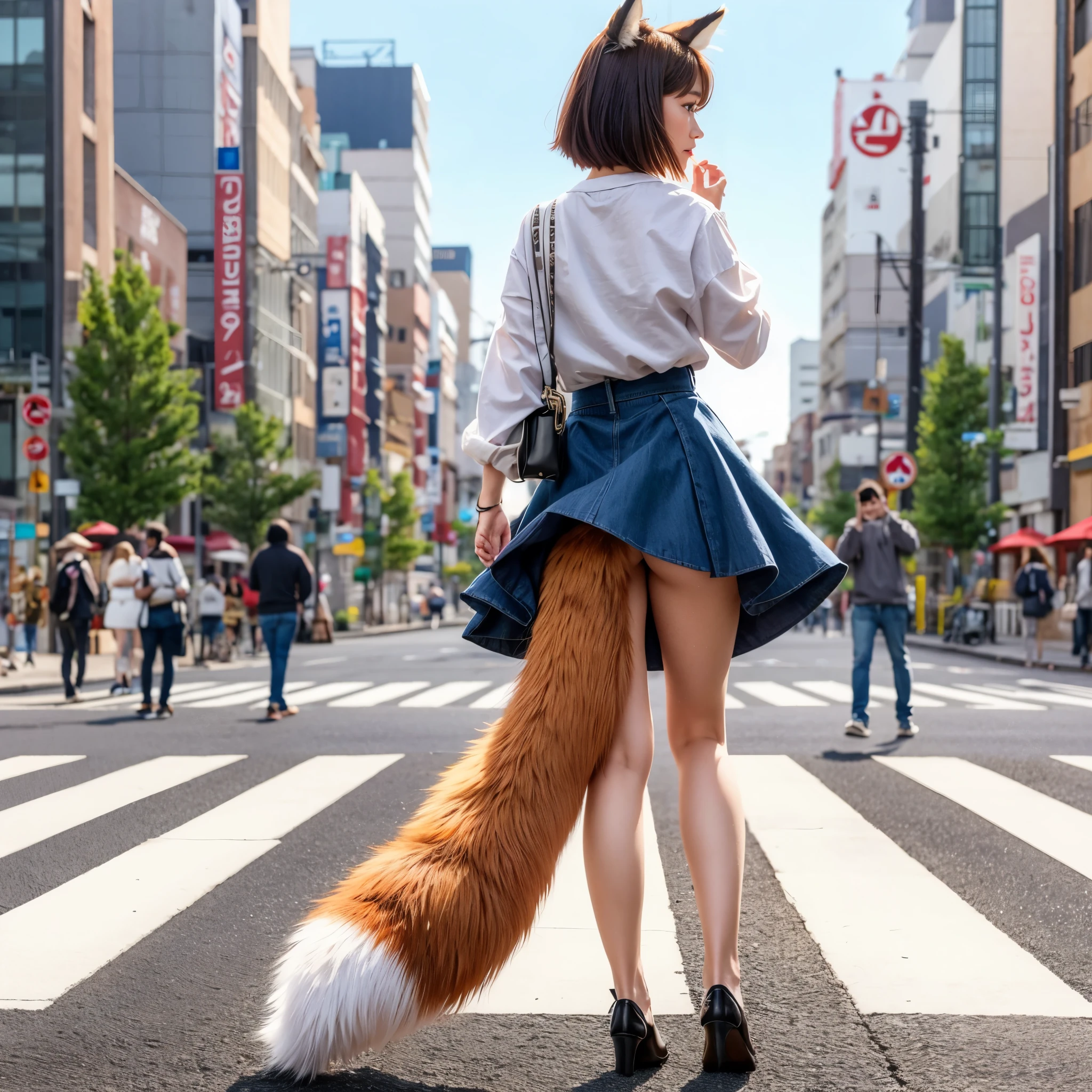 girl with a fox tail walking across a crosswalk, fox tail, furry tail, furries wearing tails, fluffy tail, fox girl, realistic style, tail, 女性のfurryミニのかわいいスタイル, tail, very very beautiful fur art, furry, thick fluffy tail, POV furryアート, with tail, photograph, highest quality