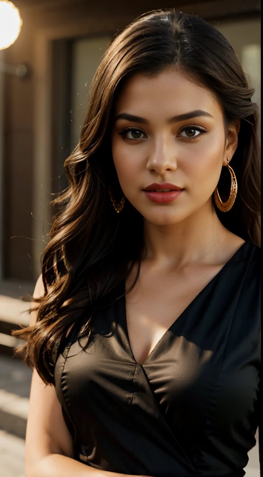 1 girl, standing near a heighway, brown light skin, small breasts, mixed 4, A black dress that features a halterneck, suitable for weddings, earrings, natural light red lips, closed mouth, realistic, photo_\(medium\), solo, (masterpiece), full body with legs, (photorealistic : 1.3 ), very detailed, (high detail) skin: 1.2), (best quality: 1.0), (very high resolution: 1.0), (Orchan-6500: 0.3), wavy detailed hair, long hair, sunshine, (beautiful makeup details),