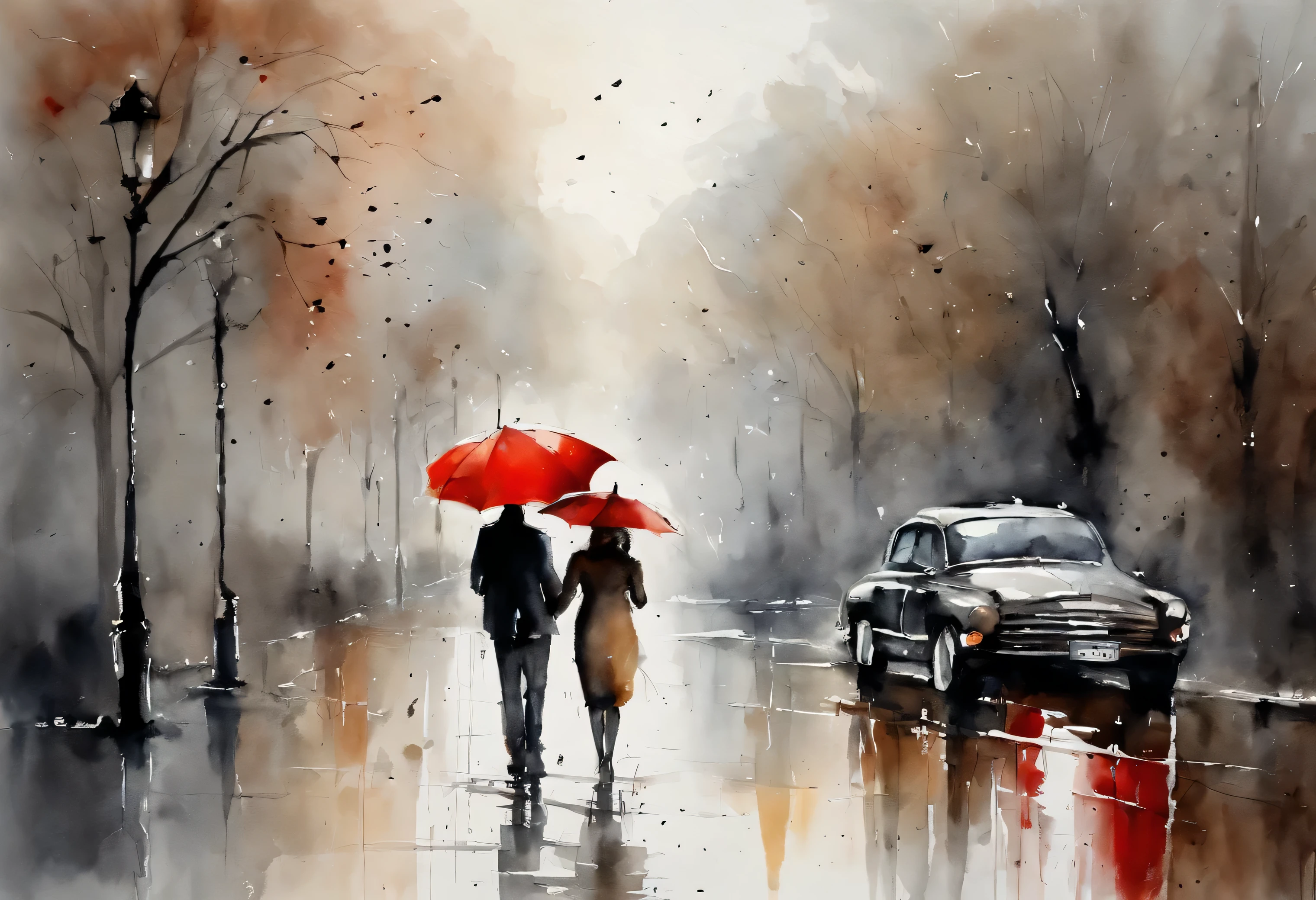 The image depicts a silhouette of a couple sharing one red umbrella and walking together in the rain and is possibly a painting, sketch, drawing, or watercolor artwork, full body shape silhouette. It captures an outdoor scene on a street during rainy weather, light grey and beige colors only