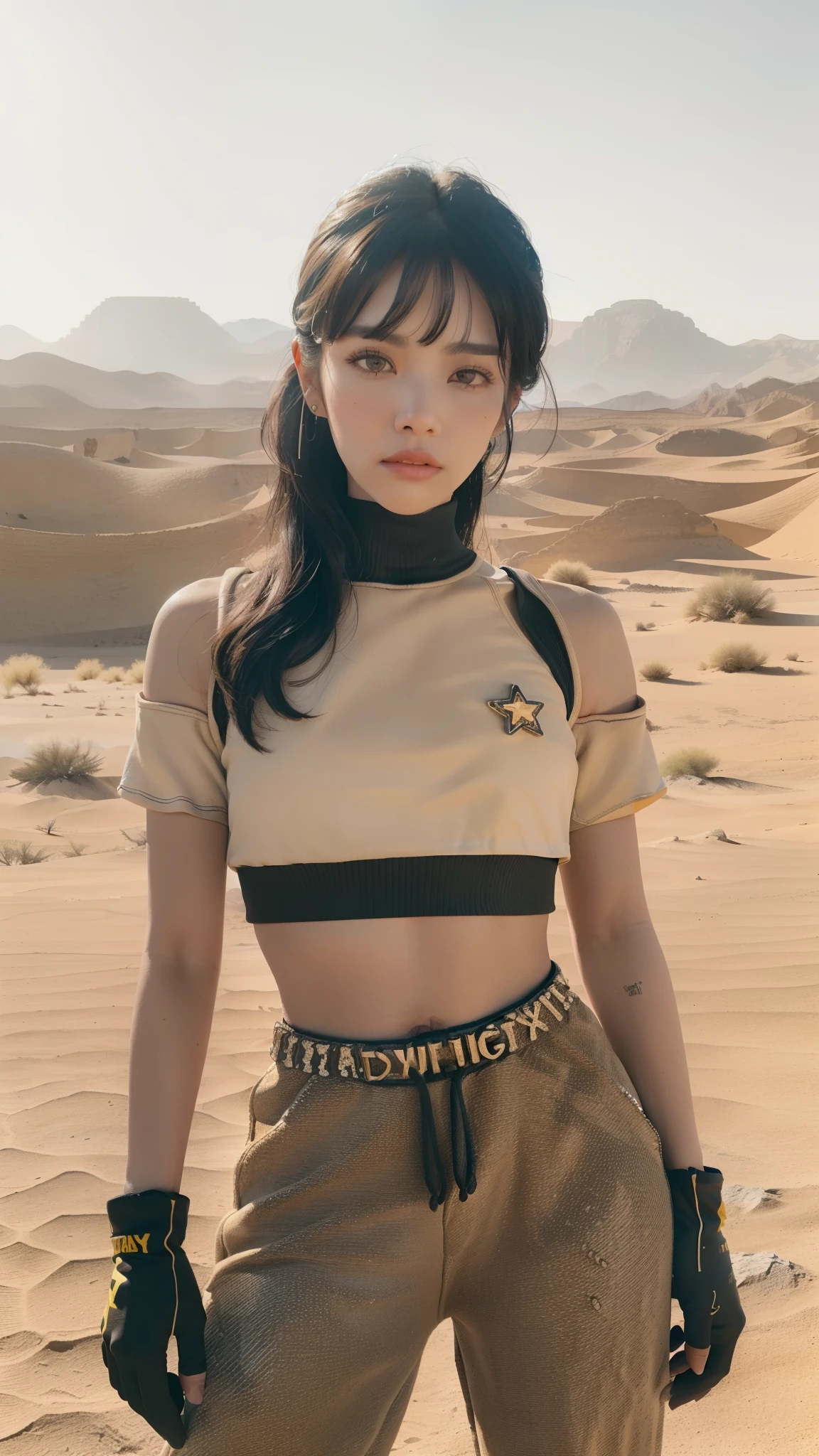 (Sunny day), kpop idol, black hair with bangs, yellow eyes, (crop top, gloves, sweatpants), at the desert, dusty clothing, (mountains, desert sandy, desert background, rocks. Sand), (realistic:1.2), (masterpiece:1.2), ((Cowboy-shot:1.2), dark romantic lighting, (highly detailed:1.2),(detailed face:1.2), (gradients), colorful, detailed eyes, (natural lighting:1.2), solo 