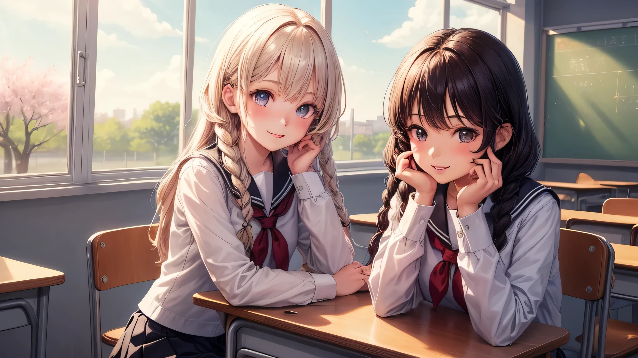 (2 girls:1.2), cute face, shining smile, twin braids, (school uniform, mini skirt:1.2), (highest quality: 1.4), (Super detailed), (highest quality:1.4), (super detailed), School, classroom, machine, Chair, blackboard, window, Day光, cherry blossoms, Sunny, cloud, Day, blue sky, (anime illustration), very high resolution, (Upper body),