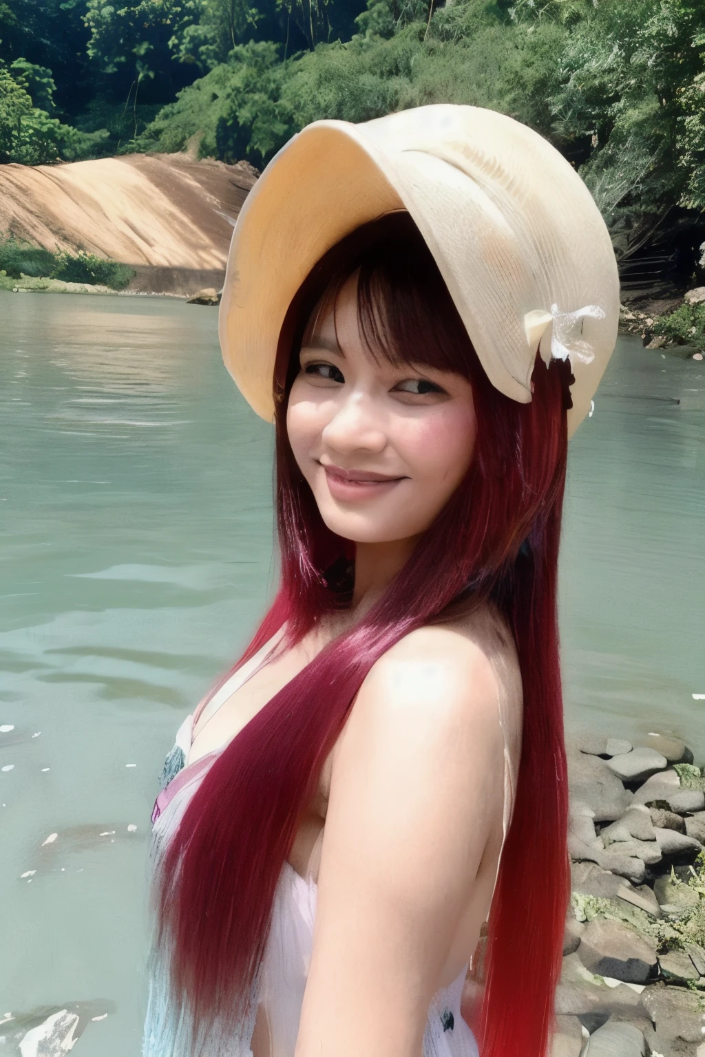wanita cantik Indonesia usia 30 tahun ,rambut panjang mandi di sungai