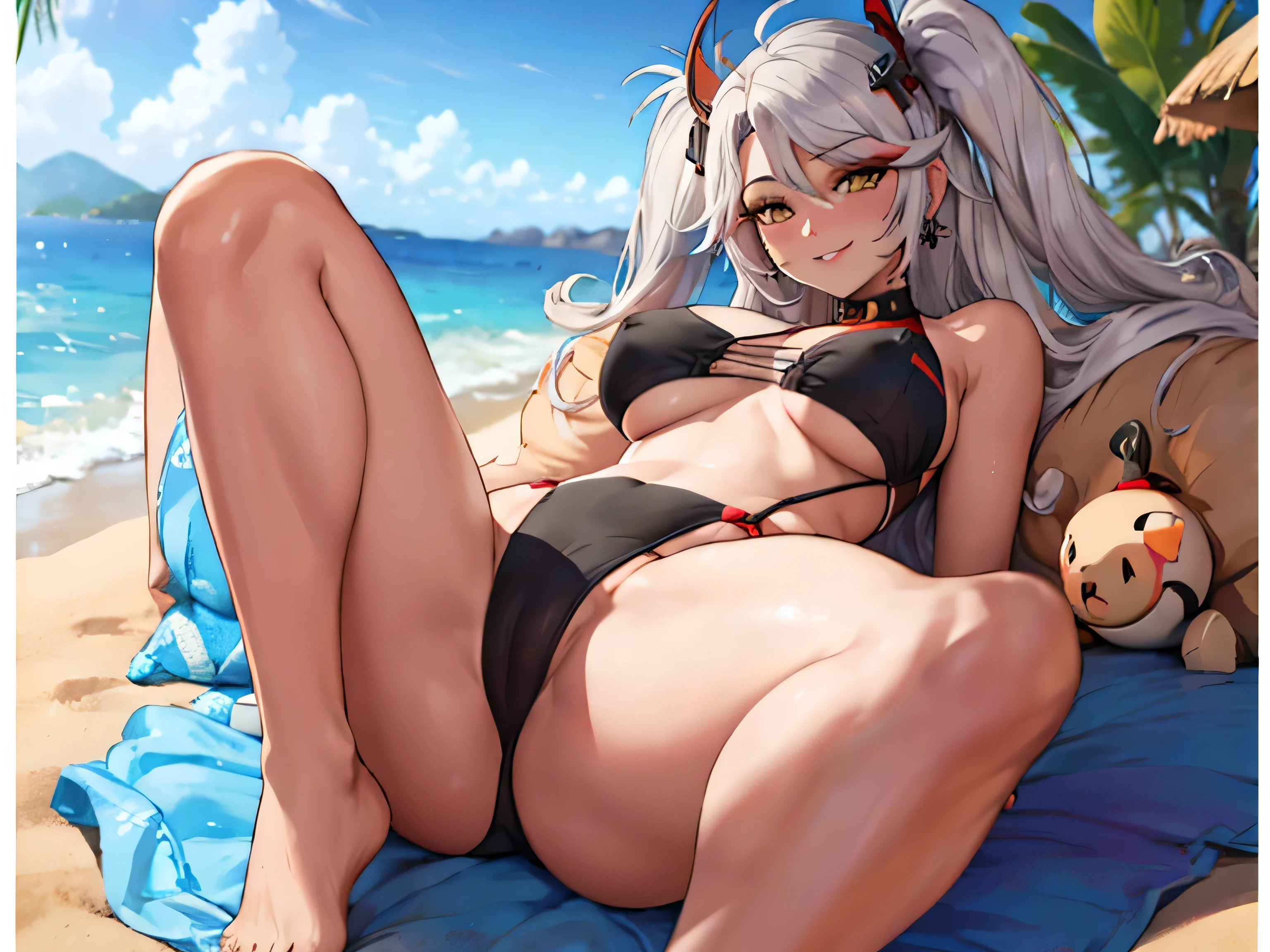 developed woman, woman lying on a beach, sandy ground, relaxed pose, blue sky, delicate bikini, vivid and distinct ambient colors, serene coastal landscape, bright and gental sunlight, early hours of the afternoon, balanced sensual thematic setting, compelling piece,
high detail, anime, anime style, depth of field, cinematic lighting, ray tracing, dithering, from below, perspective, Canon, f/1.2, 35mm, bokeh, Wide-Angle, UHD, retina, masterpiece, ccurate, anatomically correct, super detail, high details, high quality, award winning, best quality, highres, 16k,
hair ornament, sunglasses, heart-shaped pupils, sanpaku, earrings, makeup, smile, evil smile, blush, naughty face, naughty,
white hair, red stripe of hair, twintails, black hair bows, black swinwear, shaped and round butt, yellow eyes, cross shaped earings, black earings, thich thighs, barefoot, full body,
Prinz Eugen, Azur Lane, PrinzV4