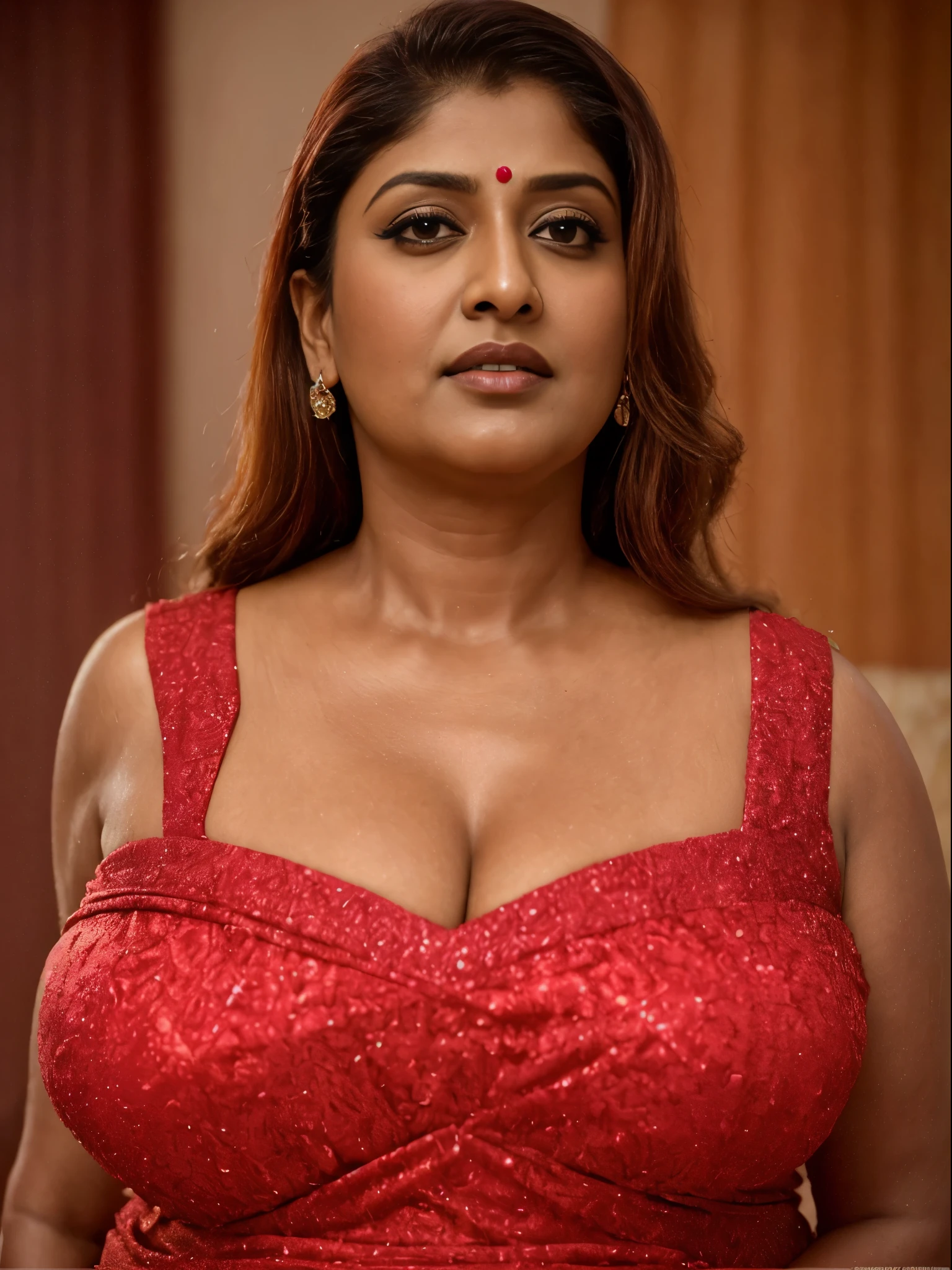 Looks like Indian Actress Nayanthara, actress Nayanthara, mallu, mallu aunty, desi aunty, full figured mature beauty, attractive figure, 48 years old, desi milf, desi aunty, a close up of a woman in a red dress in a bedroom, inspired by Avigdor Arikha, sleek!!!, indian super model, wavy hair combed to one side, actress, by Jitish Kallat, smoldering, intense smoldering, fashion, an angel, print ready, with a dramatic looking, inspired by Sudip Roy, seductive look