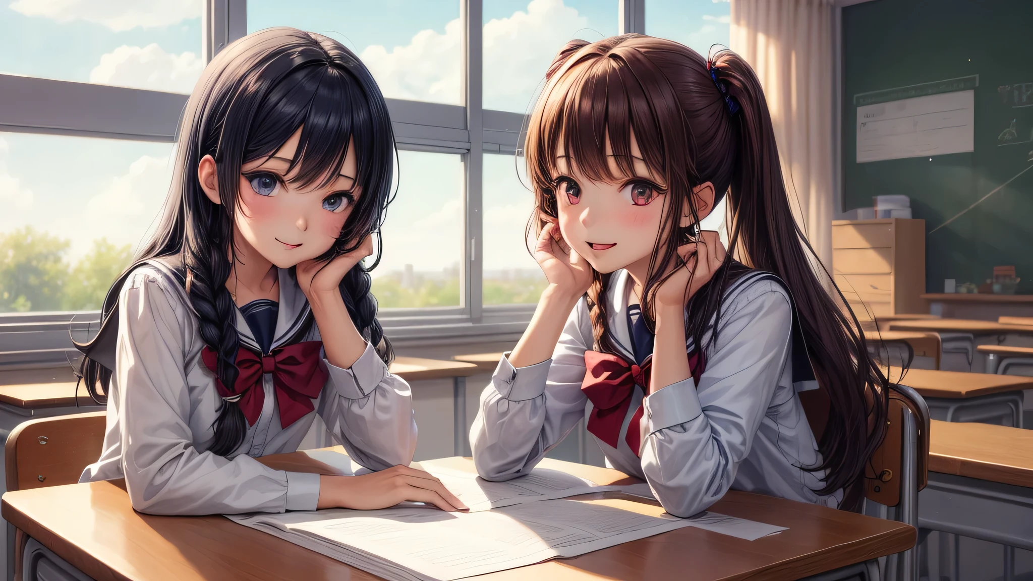(2 girls:1.2), cute face, shining smile, twin braids, (school uniform, mini skirt:1.2), (highest quality: 1.4), (Super detailed), (highest quality:1.4), (super detailed), School, classroom, machine, Chair, blackboard, window, Day光, cherry blossoms, Sunny, cloud, Day, blue sky, (anime illustration), very high resolution, (Upper body),