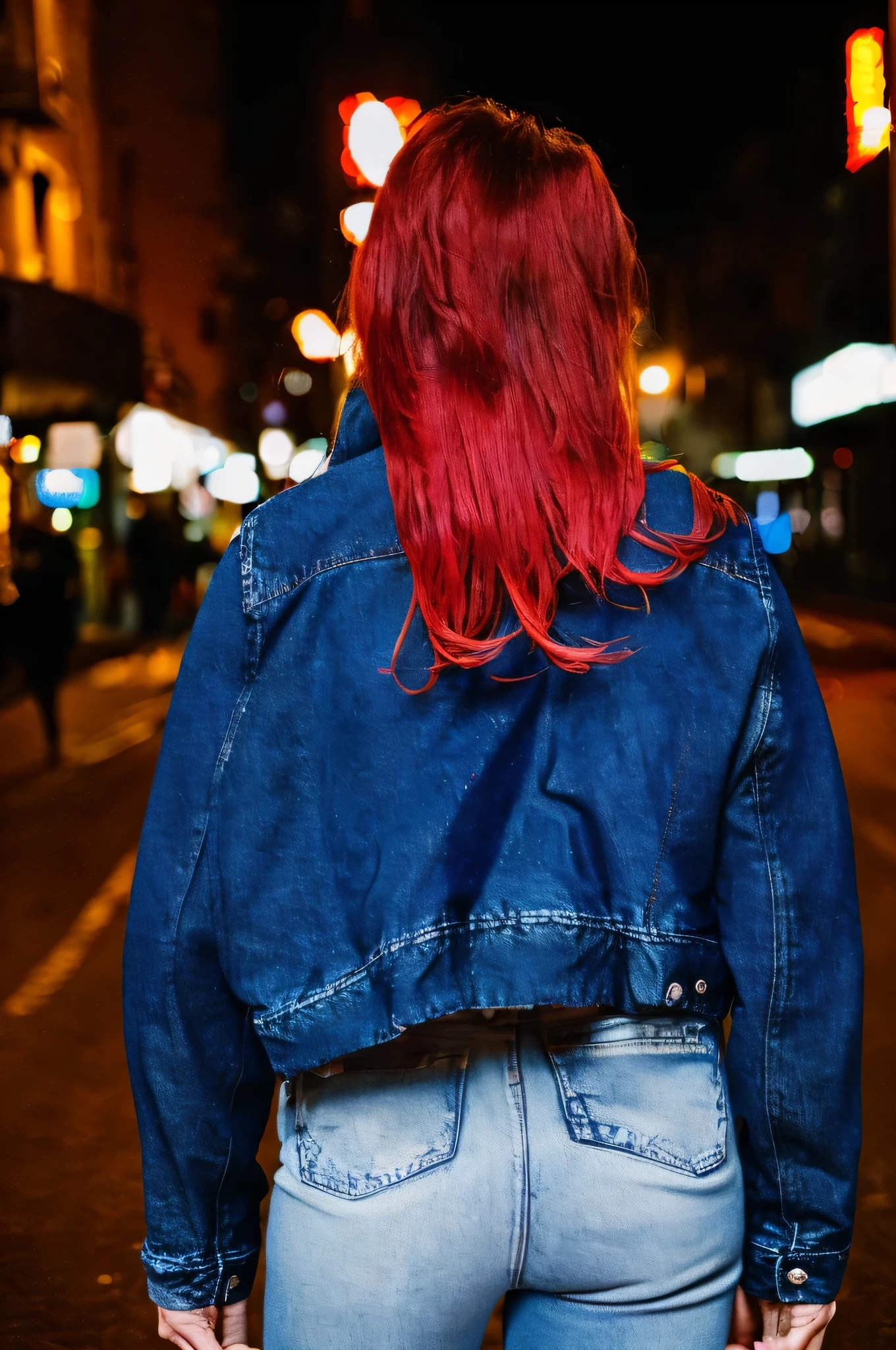 uma mulher, Cabelo ruivo curto, vestindo um (((jaqueta jeans))), facing away from the camera, on a neon-lit street at night, luzes ciberpunk