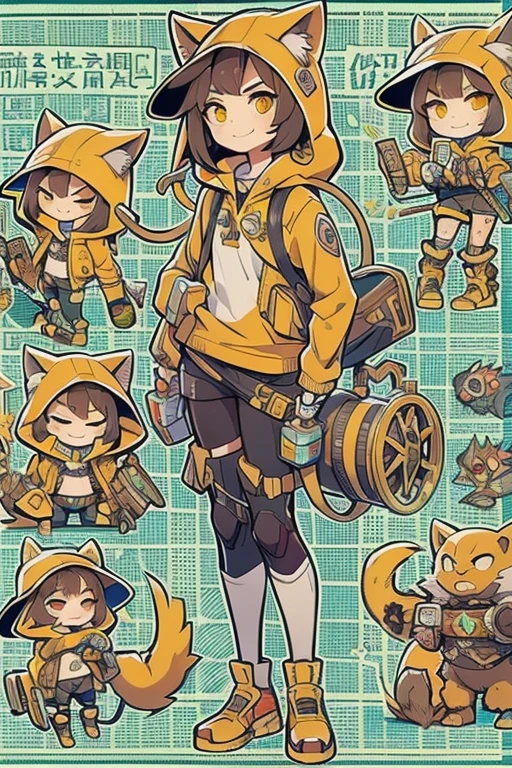 Boyish girl and creepy cute monster buddy、anime-like、Adventurer、A determined smile、Brown hair with light blue mesh、Monocle with analytical ability、Sporty、Emblem with the Ouroboros ring motif、cap with cat ears、He is equipped with a mechanical gauntlet on his right hand.、orange hoodie、Knee guard、lace up boots、One Shoulder Bag、************。character design sheet、The monster is inspired by Giger.、ExpeditionStyle、Monster is mshn robo style、Card game style