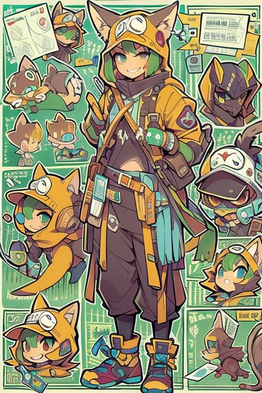 Boyish girl and creepy cute monster buddy、anime-like、Adventurer、A determined smile、Brown hair with light blue mesh、Monocle with analytical ability、Sporty、Emblem with the Ouroboros ring motif、cap with cat ears、He is equipped with a mechanical gauntlet on his right hand.、orange hoodie、Knee guard、lace up boots、One Shoulder Bag、************。character design sheet、The monster is inspired by Giger.、ExpeditionStyle、Monster is mshn robo style、Card game style