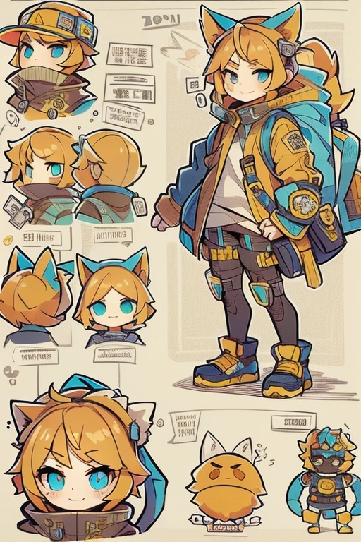 Boyish girl and creepy cute monster buddy、anime-like、Adventurer、A determined smile、Brown hair with light blue mesh、Monocle with analytical ability、Sporty、Emblem with the Ouroboros ring motif、cap with cat ears、He is equipped with a mechanical gauntlet on his right hand.、orange hoodie、Knee guard、lace up boots、One Shoulder Bag、************。character design sheet、The monster is inspired by Giger.、ExpeditionStyle、Monster is mshn robo style、Card game style