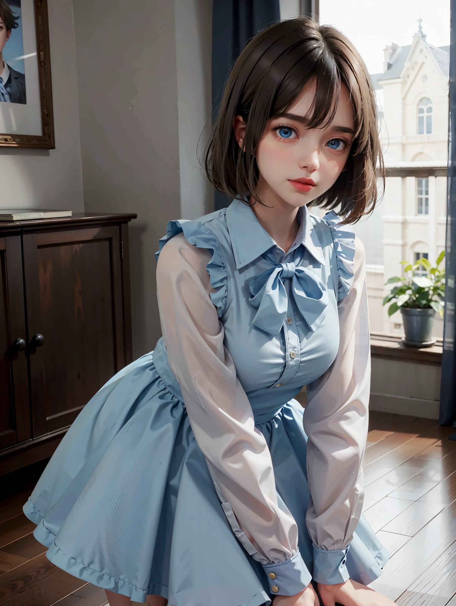 high quality UHD, cute girl, Blue eyes big eyes, softness of lips, feathered, face forward, cute Princess Dress, loafers
