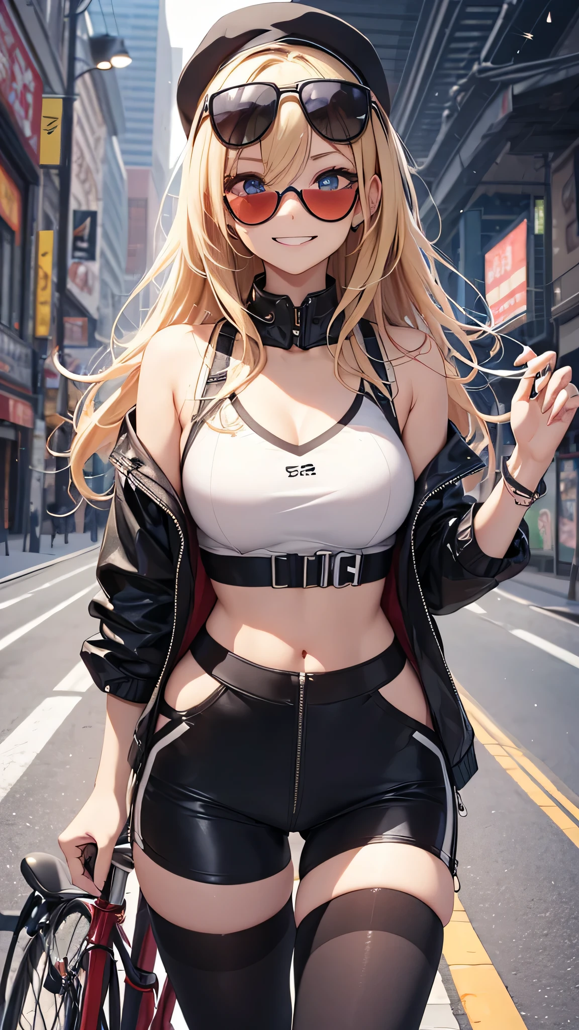 最high quality、best image quality、masterpiece、girl((20-year-old、 By becoming、vest bust、medium bust,wide open breast tea、shining eyes, blonde、long hair、thin,highest valley、ponytail、action of looking up、right arm bandage、Sportswear with a wide open chest、berry shorts、cool pose、holding a black smartphone、Cyber Sunglasses、ride a tourer bike、grin and laugh)),high quality、beautiful art、background((The road to the near future))、Flight、debris flies、Depth of written boundary、movie、visual art、perfect art、8k,genuine、