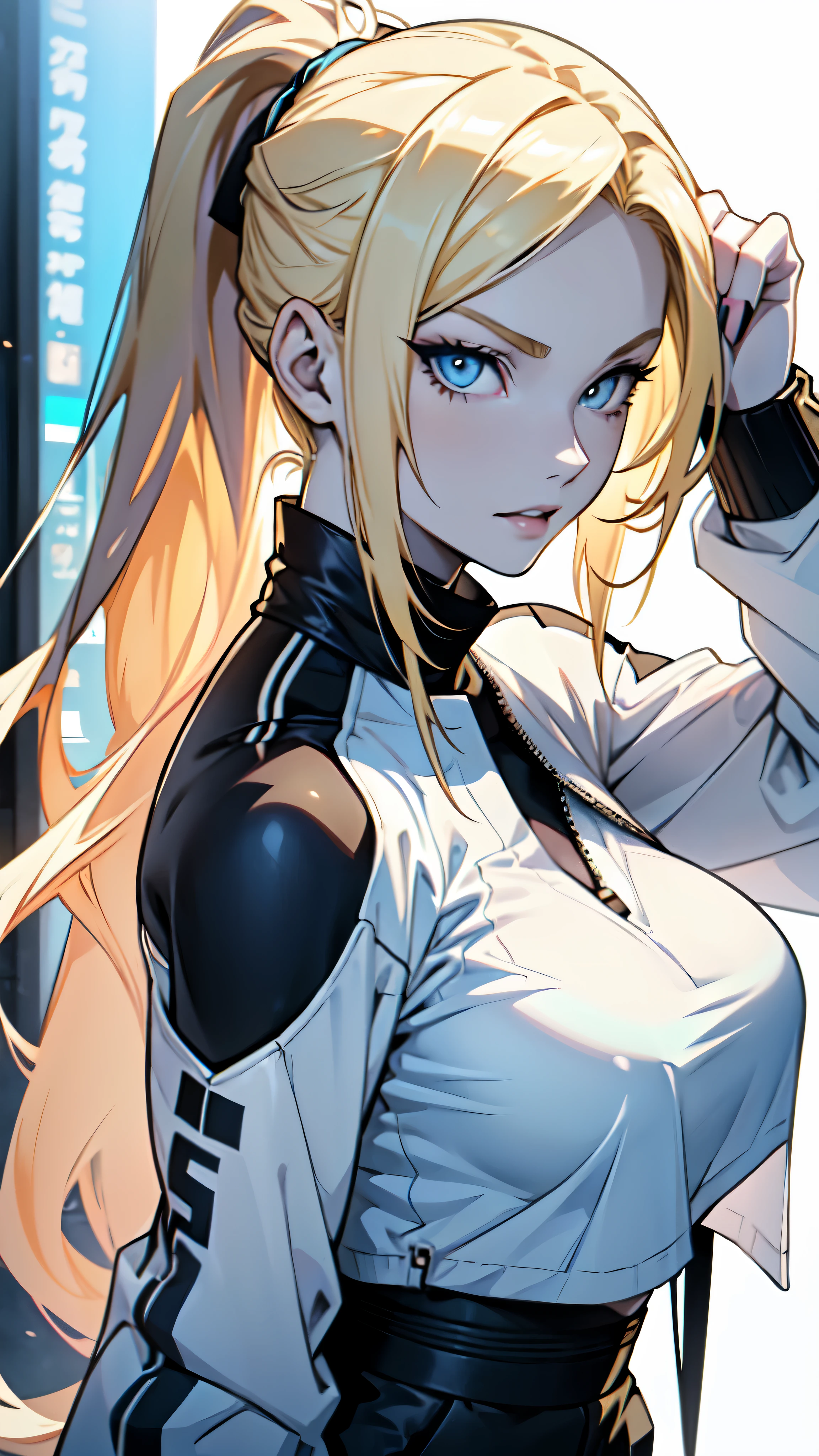 ((one girl)), close up shot of a anime girl with long thin light blonde hair tied in a ponytail looking at the viewer with a seductive look, lips half open, dynamic pose, (((pale skin))), multicolored hair blonde and blue, blue eyes, (((wearing modern urban clothes fashion))), (((big breasts))), blonde anime girl with long hair, white background