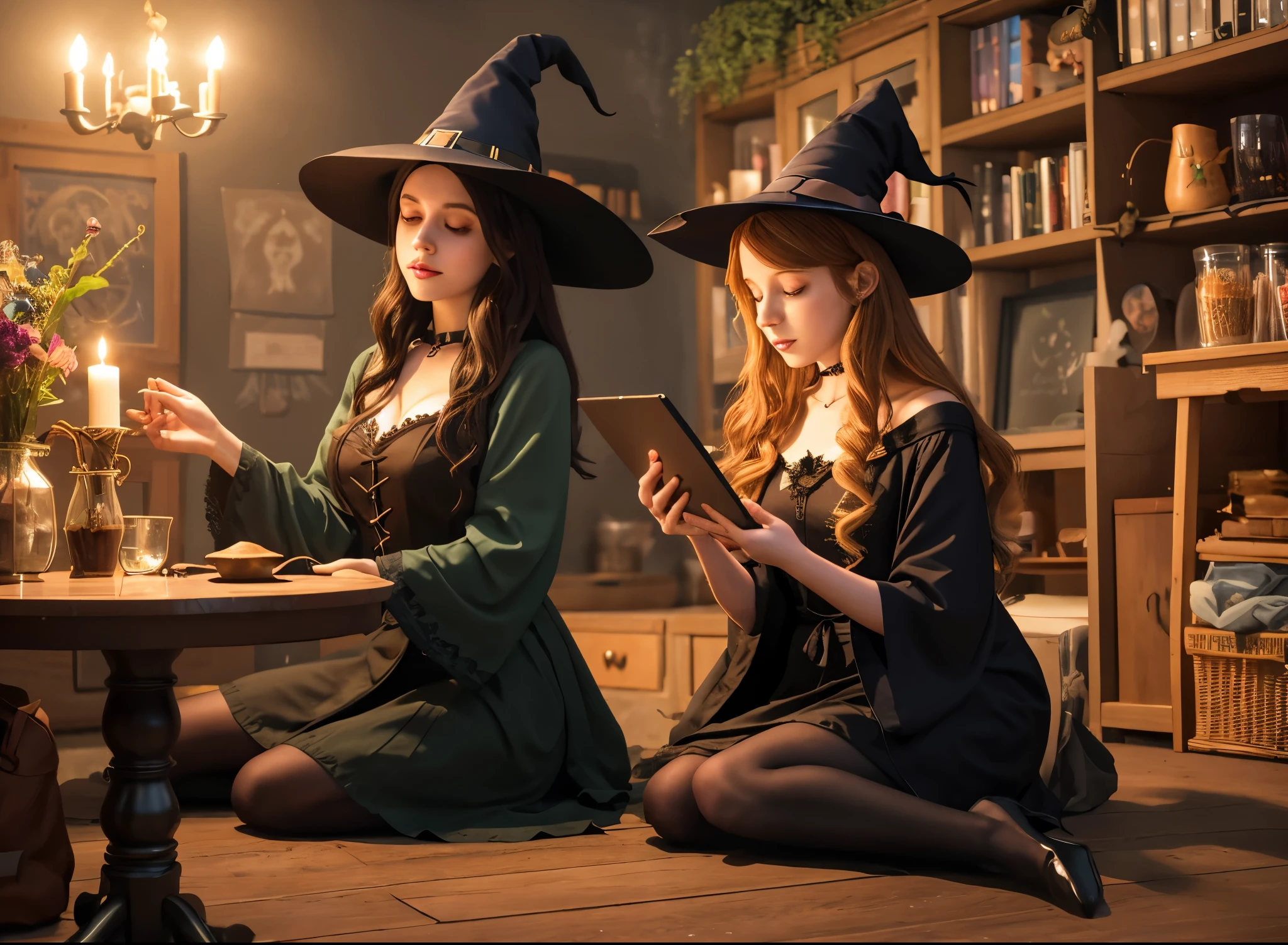 there is a woman sitting on the floor with a laptop, witchy, witch academia, witch girl, cat witch, witchcraft!, witch, classical witch, casting spells, a witch, bright witch, magical witchcraft, doing witchcraft, mysterious coffee shop girl, casting a spell, lofi art, witch fairytale, roleplaying game art, spells practice