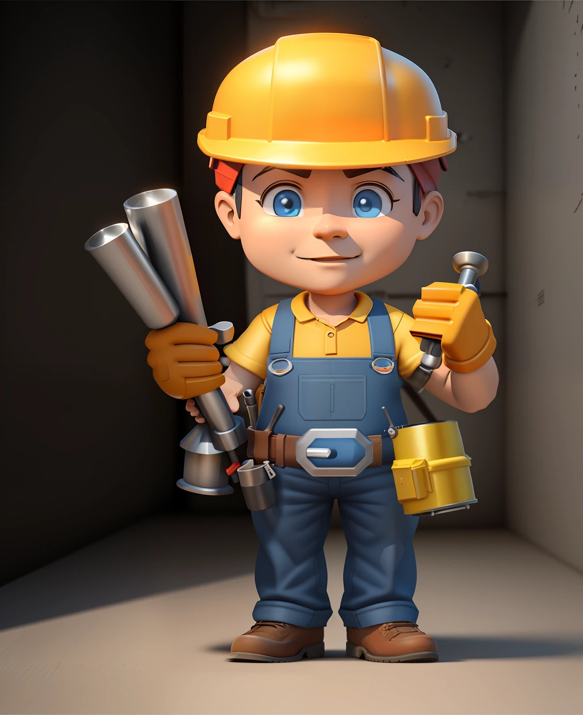a cartoon put up worker holding a hammer and a pipe, Dressed as a plumber, a carpenter, professional illustration, And the handyman, cartoon illustration, Professional illustration, professional, Edited, put up, civil engineer, High quality illustrations, clip art, rendering, cartoon style illustration, complete equipment, full body illustration, Computer Aided Design, engineer, maintain, mechanical,3D,Three-dimensional,超级rendering,Get the items in your right hand and exchange them for blueprints