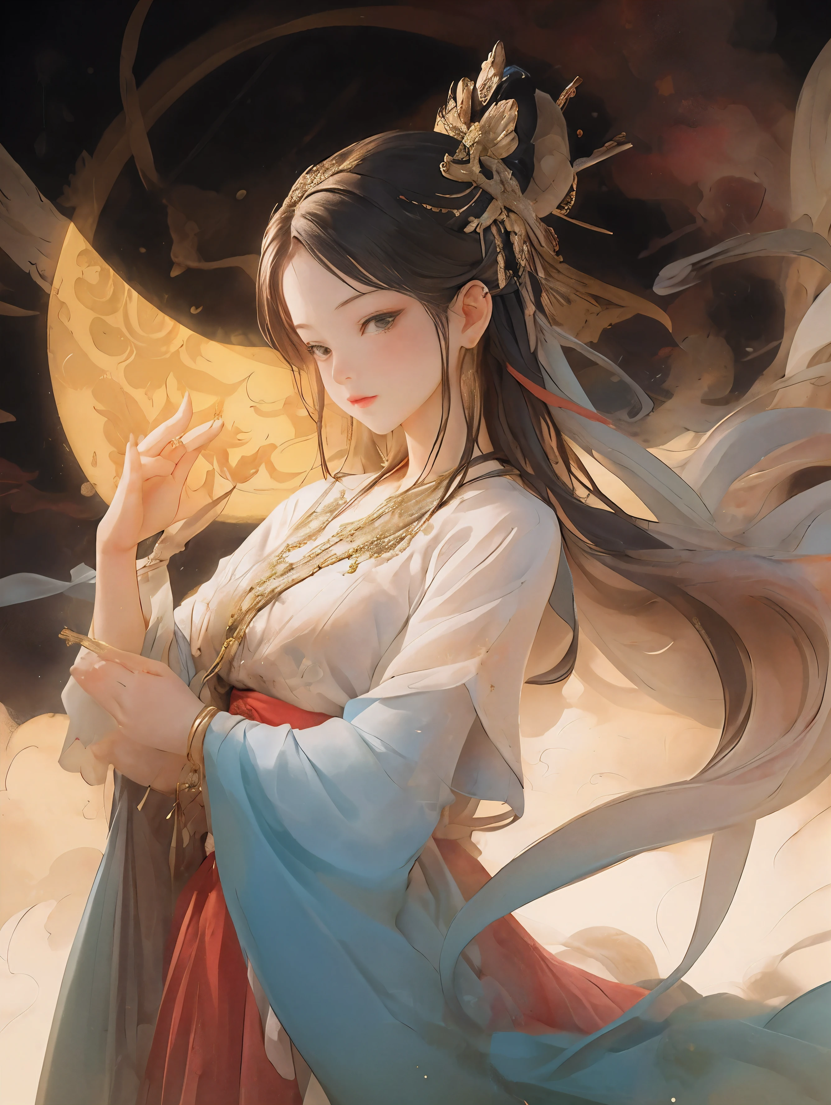 (original photo, best quality), (actual, photo-actual:1.3),best quality,Very detailed,masterpiece,super detailed,illustration,1 girl,Predominant_Body,dynamic angle,world masterpiece theater,messy_long_hair,best quality,Extremely detailed CG unified 8k wallpaper,ink,amazing,Light,lens_flare,,Dunhuang_style