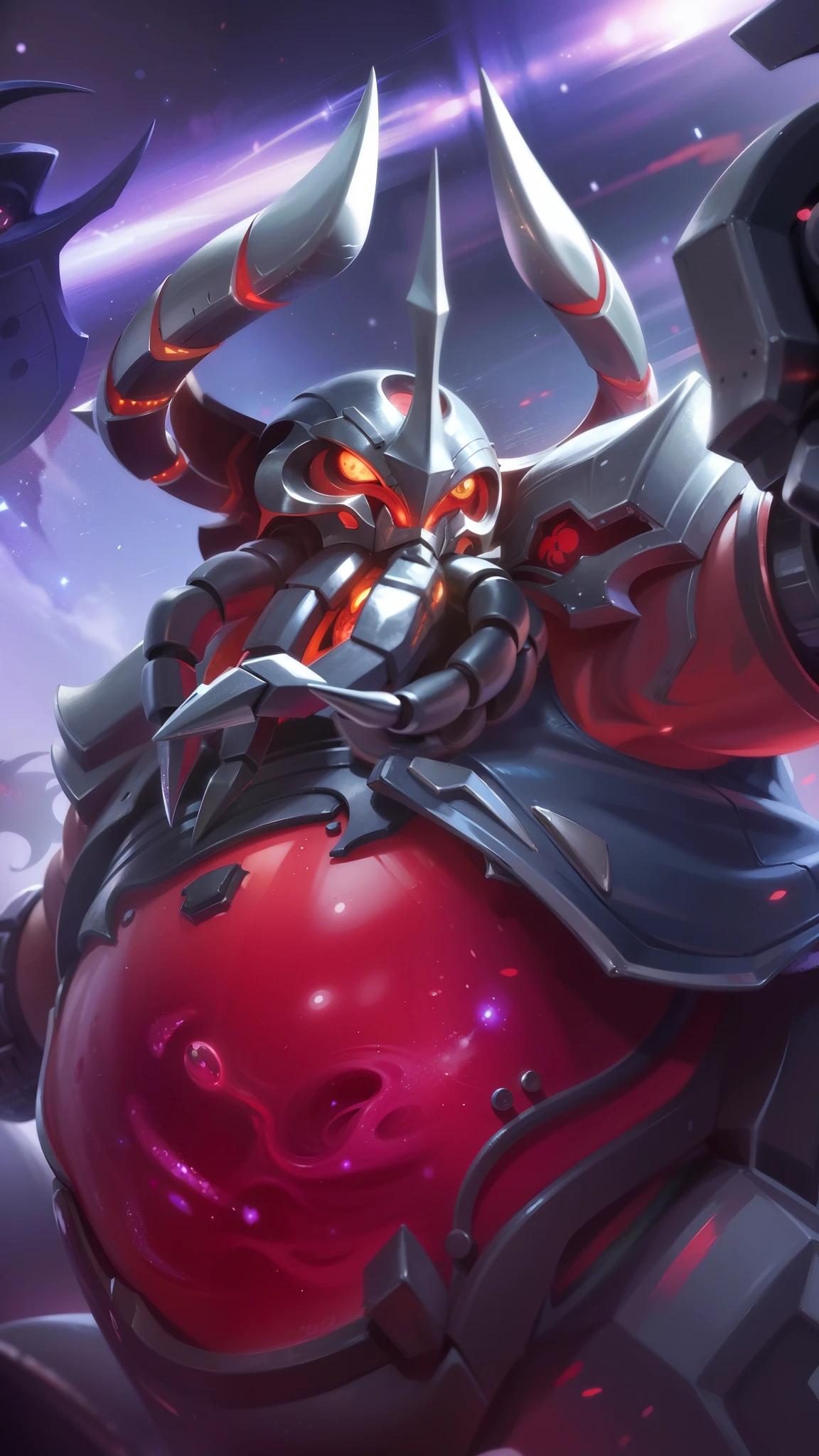 a close up of a person holding a red ball in their hand, 8k hd wallpaperjpeg artifact, 8 k hd wallpaperjpeg artifact, heroes of the storm splash art, painted portrait of mordekaiser, official splash art, splash art, onmyoji detailed art, background artwork, alien space knight, league of legends art, full art