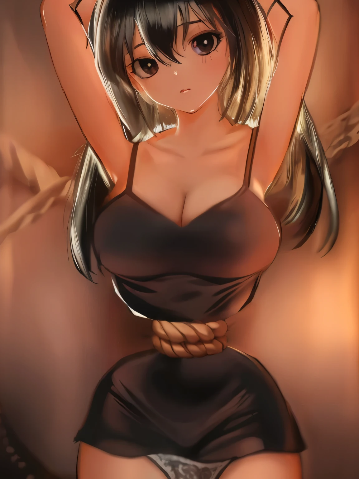 ((masterpiece)), ((highest quality)), (super detailed), torture room,(((rope strongly spueezing her waist))),pretty girl, 1 girl, alone,black camisole dress,beautiful black hair, (beautiful black eyes), long hair, expression of agony