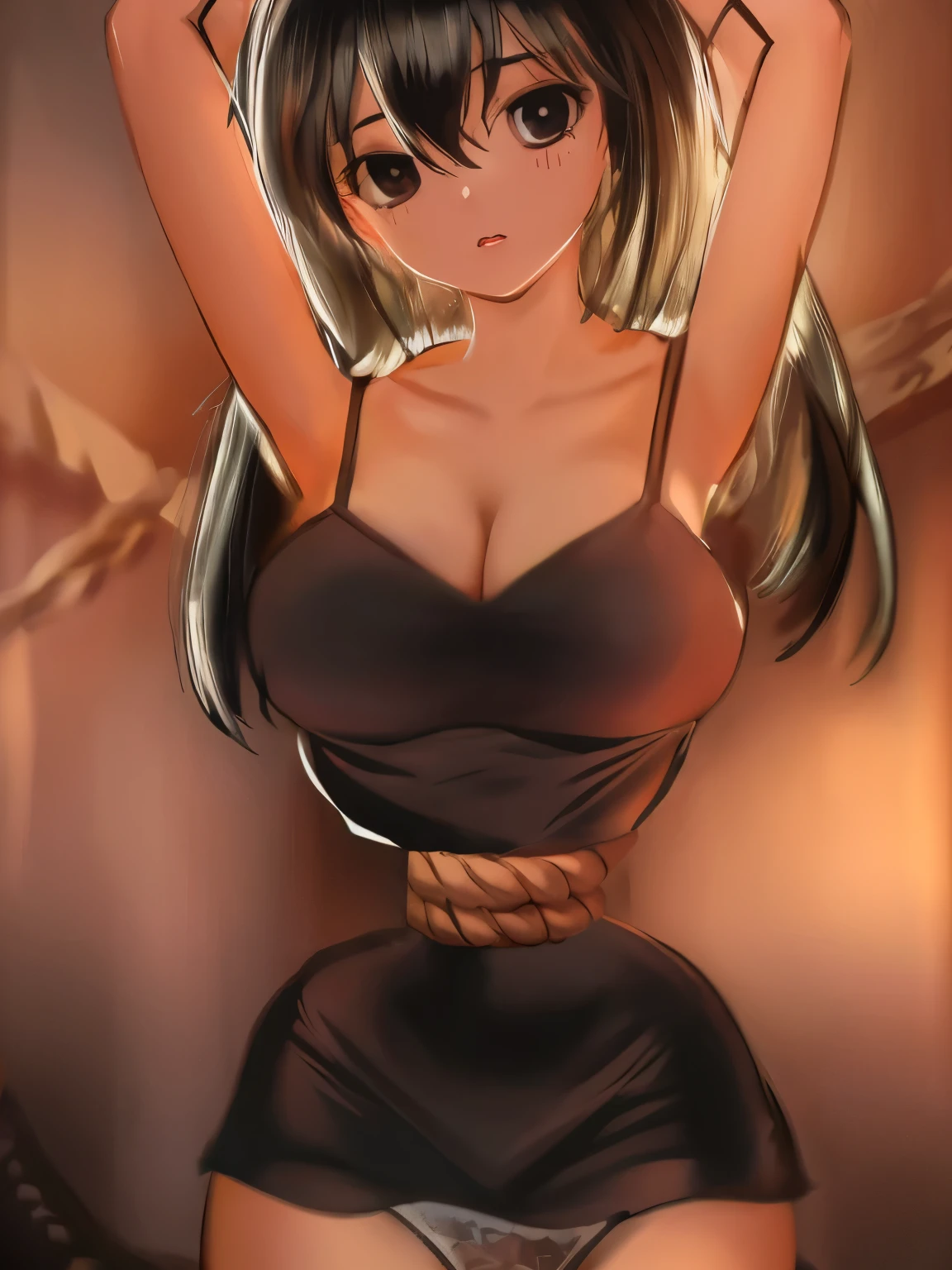((masterpiece)), ((highest quality)), (super detailed), torture room,(((rope strongly spueezing her waist))),pretty girl, 1 girl, alone,black camisole dress,beautiful black hair, (beautiful black eyes), long hair, expression of agony