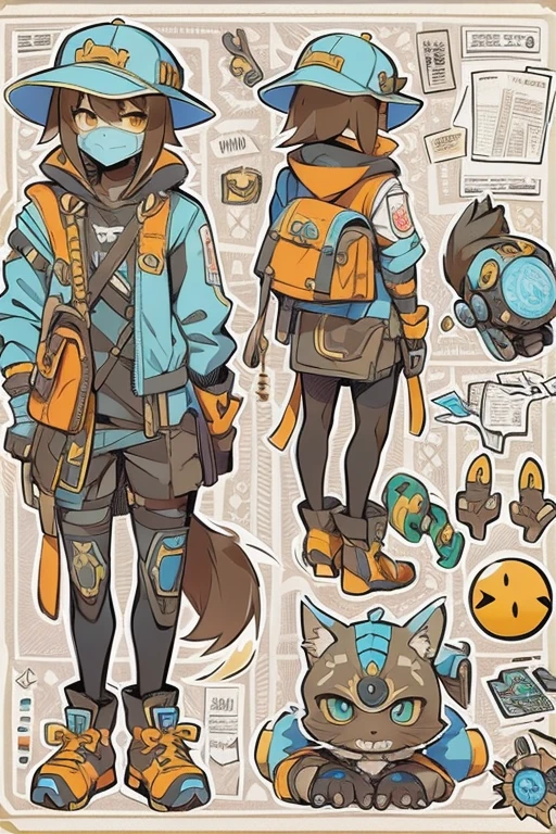 Boyish girl and creepy cute monster buddy、anime-like、Adventurer、A determined smile、Brown hair with light blue mesh、Monocle with analytical ability、Sporty、Emblem with the Ouroboros ring motif、cap with cat ears、He is equipped with a mechanical gauntlet on his right hand.、orange hoodie、Knee guard、lace up boots、One Shoulder Bag、************。character design sheet、The monster is inspired by Giger.、ExpeditionStyle、Monster is mshn robo style、Card game style