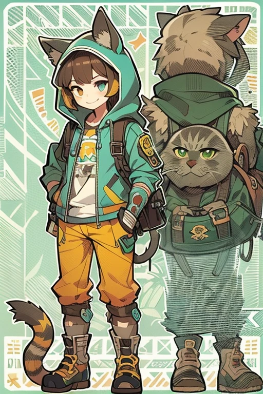 Boyish girl and creepy cute monster buddy、anime-like、Adventurer、A determined smile、Brown hair with light blue mesh、Monocle with analytical ability、Sporty、Emblem with the Ouroboros ring motif、cap with cat ears、He is equipped with a mechanical gauntlet on his right hand.、orange hoodie、Knee guard、lace up boots、One Shoulder Bag、************。character design sheet、The monster is inspired by Giger.、ExpeditionStyle、Monster is mshn robo style、Card game style