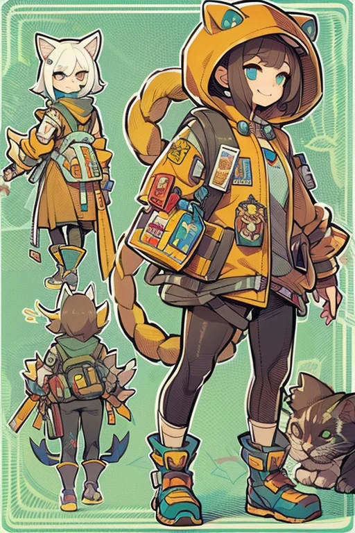 Boyish girl and creepy cute monster buddy、anime-like、Adventurer、A determined smile、Brown hair with light blue mesh、Monocle with analytical ability、Sporty、Emblem with the Ouroboros ring motif、cap with cat ears、He is equipped with a mechanical gauntlet on his right hand.、orange hoodie、Knee guard、lace up boots、One Shoulder Bag、************。character design sheet、The monster is inspired by Giger.、ExpeditionStyle、Monster is mshn robo style、Card game style