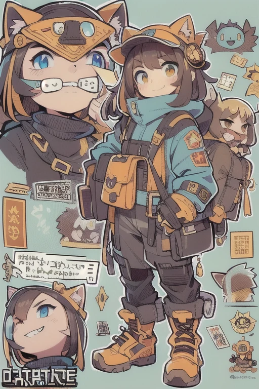 Boyish girl and creepy cute monster buddy、anime-like、Adventurer、A determined smile、Brown hair with light blue mesh、Monocle with analytical ability、Sporty、Emblem with the Ouroboros ring motif、cap with cat ears、He is equipped with a mechanical gauntlet on his right hand.、orange hoodie、Knee guard、lace up boots、One Shoulder Bag、************。character design sheet、The monster is inspired by Giger.、ExpeditionStyle、Monster is mshn robo style、Card game style