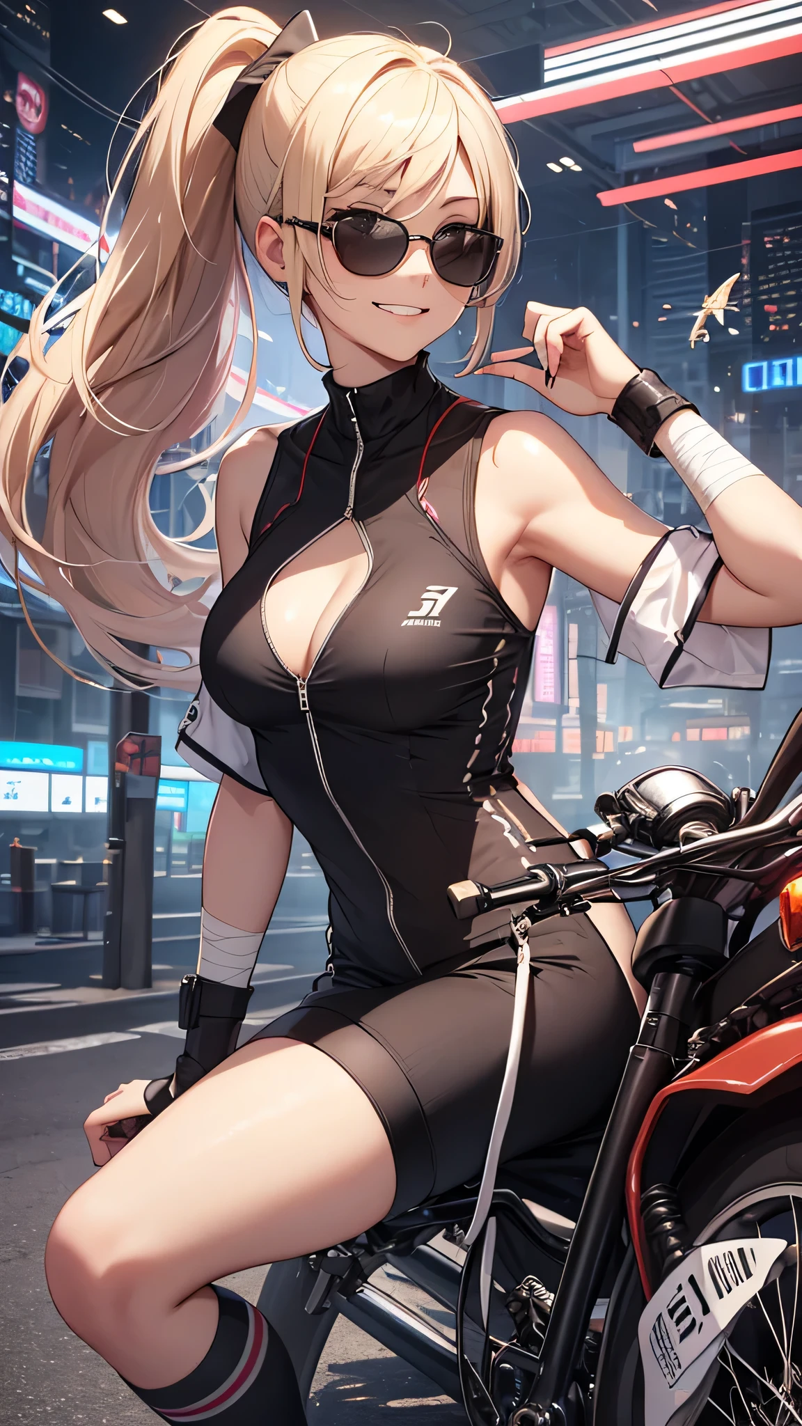 最high quality、best image quality、masterpiece、girl((20-year-old、 By becoming、vest bust、medium bust,wide open breast tea、shining eyes, blonde、long hair、thin,highest valley、ponytail、action of looking up、right arm bandage、Sportswear with a wide open chest、berry shorts、cool pose、holding a black smartphone、Cyber Sunglasses、ride a tourer bike、grin and laugh)),high quality、beautiful art、background((The road to the near future))、Flight、debris flies、Depth of written boundary、movie、visual art、perfect art、8k,genuine、