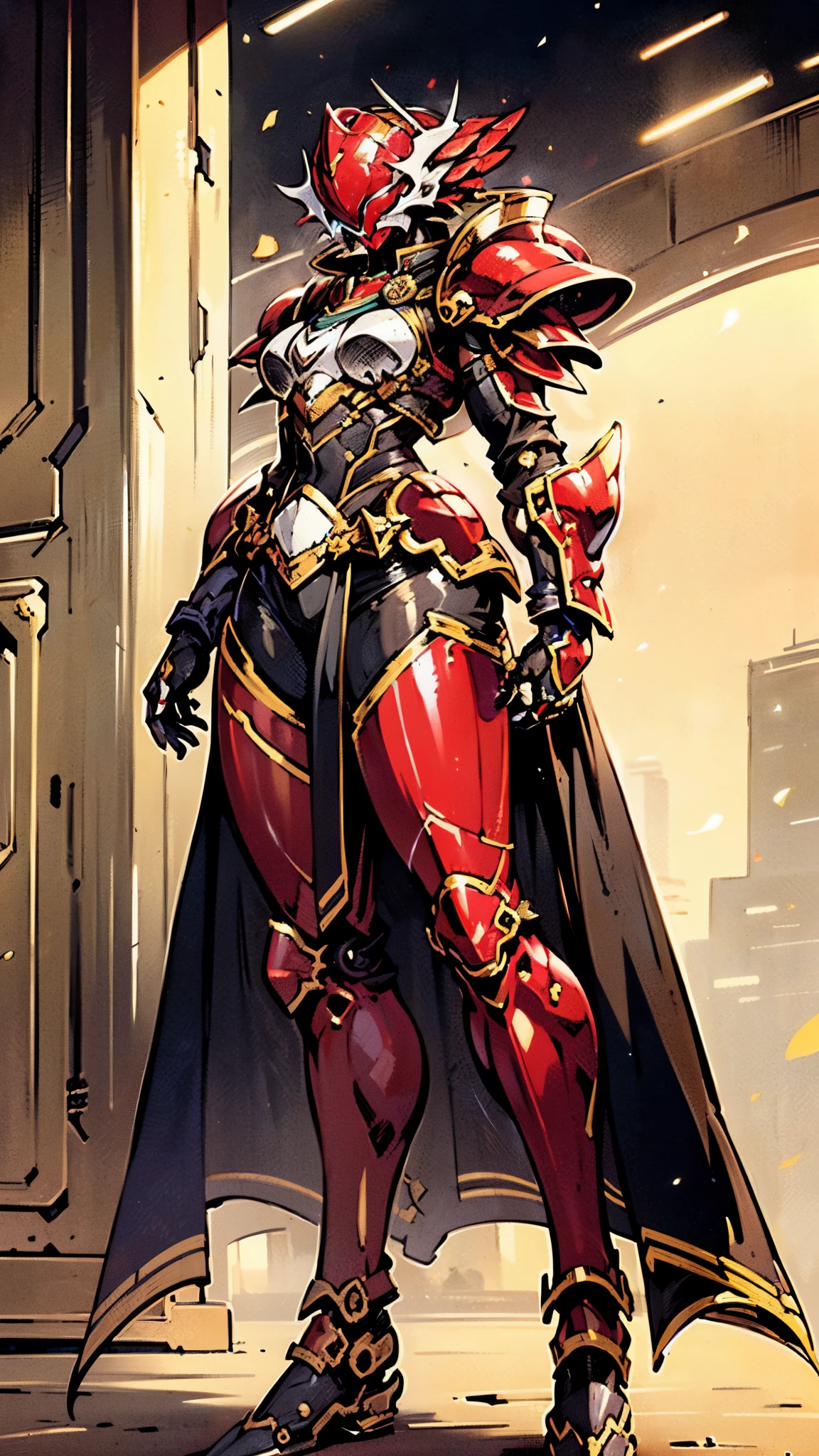 A woman adorned in fantasy-style full-body armor, a crown-concept fully enclosed helmet that unveils only her eyes, a composite layered chest plate, fully encompassing shoulder and hand guards, a lightweight waist armor, form-fitting shin guards, the overall design is heavy-duty yet flexible, ((the armor gleams with a golden glow, complemented by red and blue accents)), exhibiting a noble aura, she floats above a fantasy-surreal high-tech city, this character embodies a finely crafted fantasy-surreal style armored hero in anime style, exquisite and mature manga art style, (Queen bee mixed with Spider concept Armor, plasma, blood), ((Element, energy, elegant, goddess, femminine:1.5)), metallic, high definition, best quality, highres, ultra-detailed, ultra-fine painting, extremely delicate, professional, anatomically correct, symmetrical face, extremely detailed eyes and face, high quality eyes, creativity, RAW photo, UHD, 32k, Natural light, cinematic lighting, masterpiece-anatomy-perfect, masterpiece:1.5