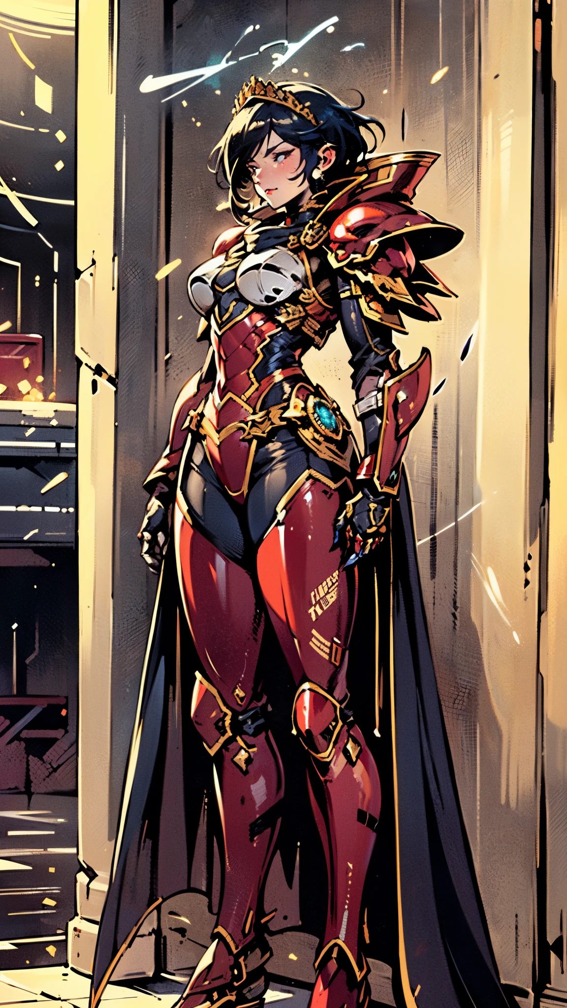 A woman adorned in fantasy-style full-body armor, a crown-concept fully enclosed helmet that unveils only her eyes, a composite layered chest plate, fully encompassing shoulder and hand guards, a lightweight waist armor, form-fitting shin guards, the overall design is heavy-duty yet flexible, ((the armor gleams with a golden glow, complemented by red and blue accents)), exhibiting a noble aura, she floats above a fantasy-surreal high-tech city, this character embodies a finely crafted fantasy-surreal style armored hero in anime style, exquisite and mature manga art style, (Queen bee mixed with Spider concept Armor, plasma, blood), ((Element, energy, elegant, goddess, femminine:1.5)), metallic, high definition, best quality, highres, ultra-detailed, ultra-fine painting, extremely delicate, professional, anatomically correct, symmetrical face, extremely detailed eyes and face, high quality eyes, creativity, RAW photo, UHD, 32k, Natural light, cinematic lighting, masterpiece-anatomy-perfect, masterpiece:1.5