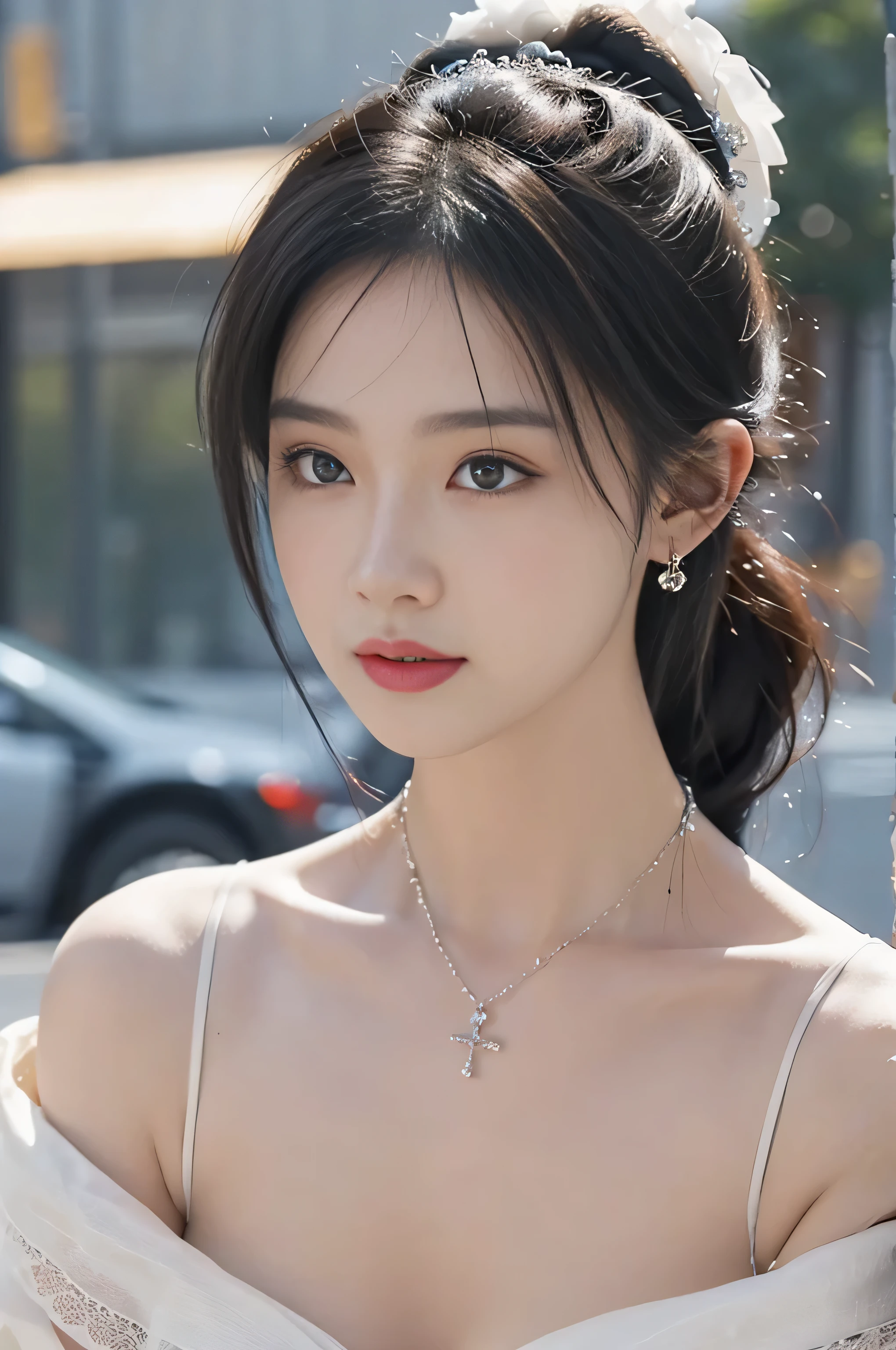 （（Adeline，black hair color hair））， Random pose， （Extremely exquisite and beautiful work）， （masterpiece）， 1 busty girl， Very detailed、Elegant wedding dress， have， The content is very detailed， ponytail twist， charming expression， beautiful and clear eyes， green eye pupils， exquisite necklace， exquisite earrings， simple blur background， extremely detailed description， Big breasts are beautiful， Big breasts are very charming， Super detailed painting， delicate face， Exquisite figure， Thin clavicle，cute lips， Behind the Gentleman 64，（8k， original photo， best quality， masterpiece：1.2）， （realistically， Real shot：1.37）， 1 busty girl， cute big breasts， overlooking the city， night， rain， moisture， professional lighting， photon mapping， radio city， Physically based rendering， above waist，