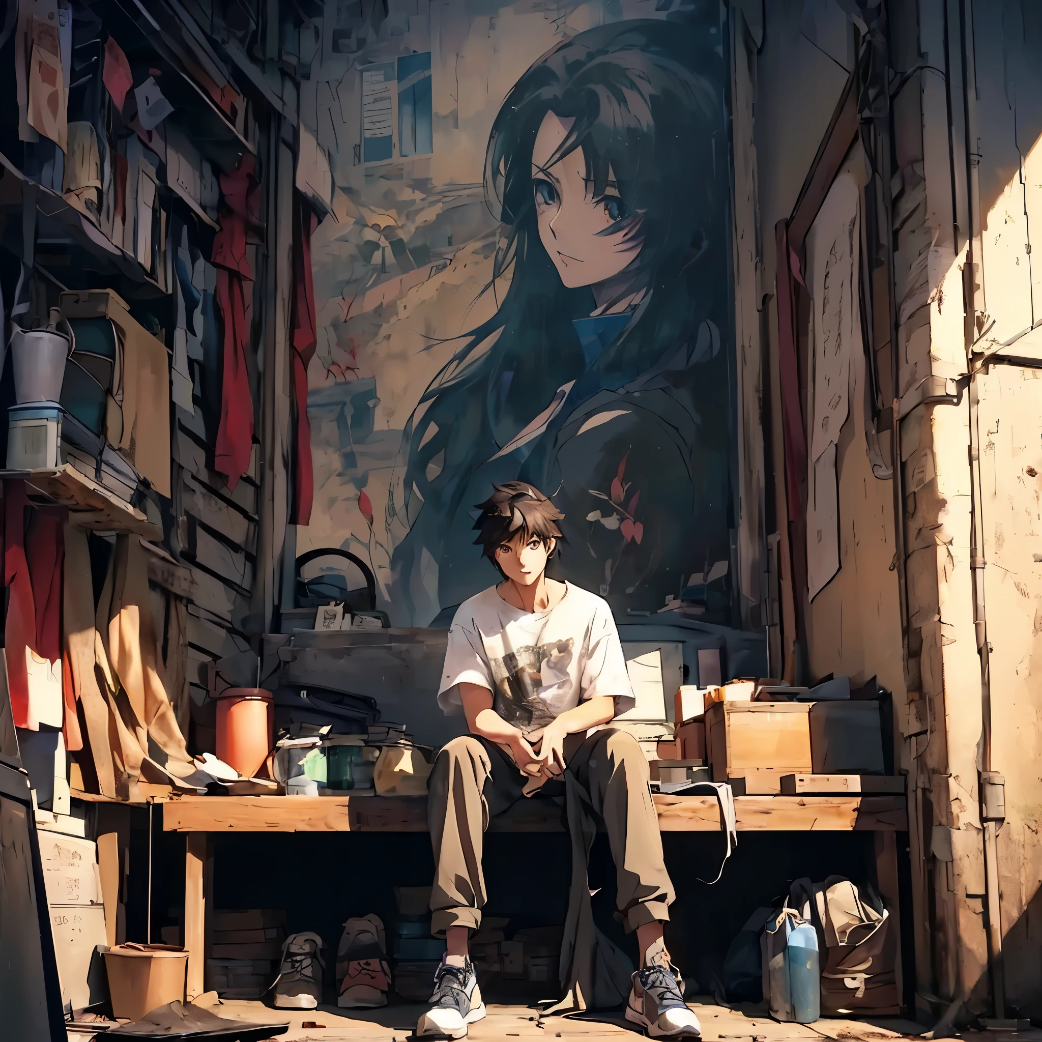 There is a man sitting on a bench in a room, anime style 4 k, anime still film anime shikishi, Gwaites style artwork, anime style. 8k, Ross Tran and Makoto Shinkai, anime movie yet, tokyo anime scene, makoto shinkai cyril rolando, guweiz and makoto shinkai