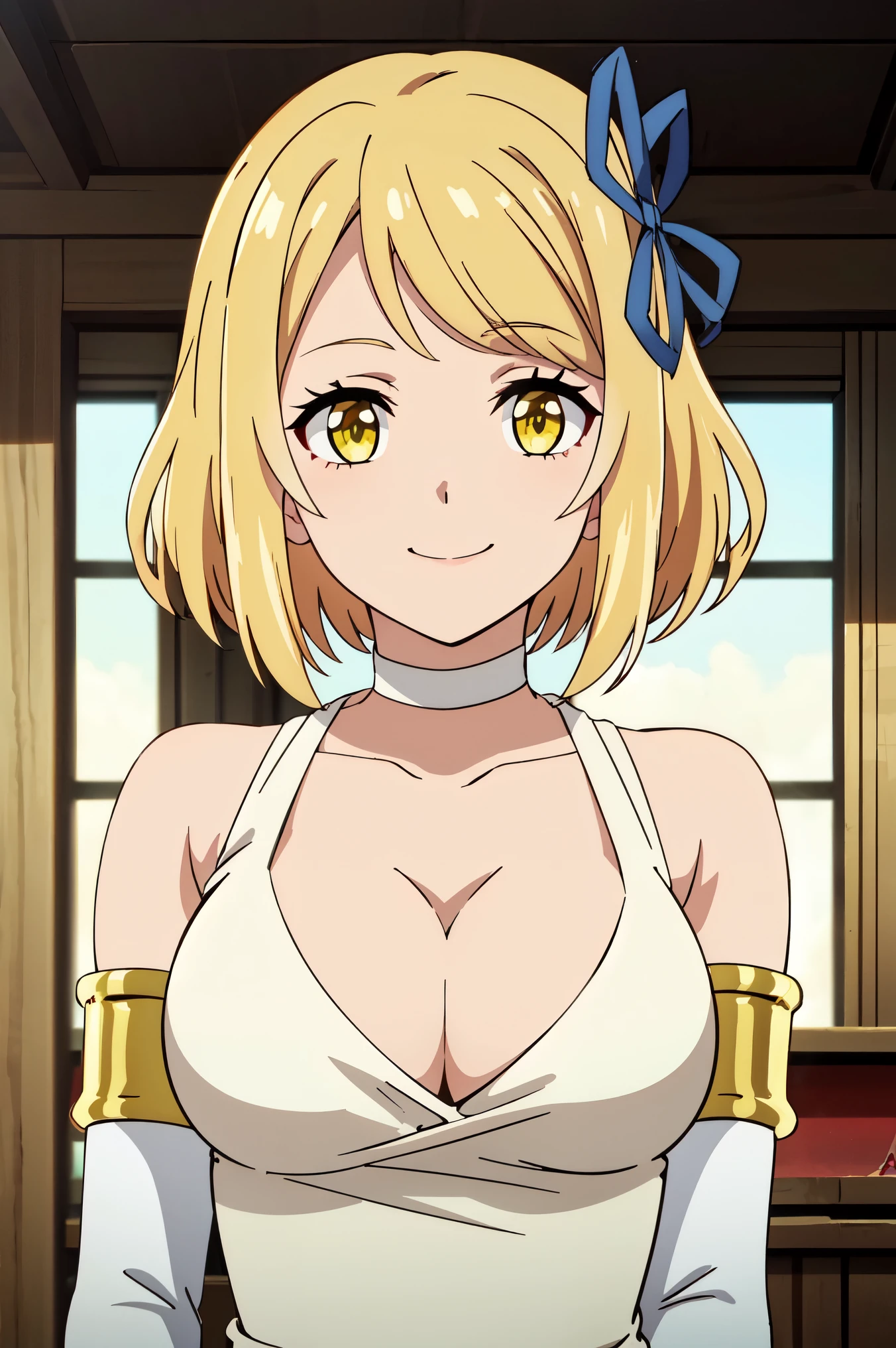 TIA, BLONDE HAIR, SHORT HAIR, YELLOW EYES, HAIR ORNAMENT, LARGE BREASTS, WHITE DRESS, CLEAVAGE, SLEEVELESS, RIBBON, GOLD TRIM, ARMLET, ELBOW GLOVES, 1girl, solo, facing viewer, looking at viewer, upper body, smile.