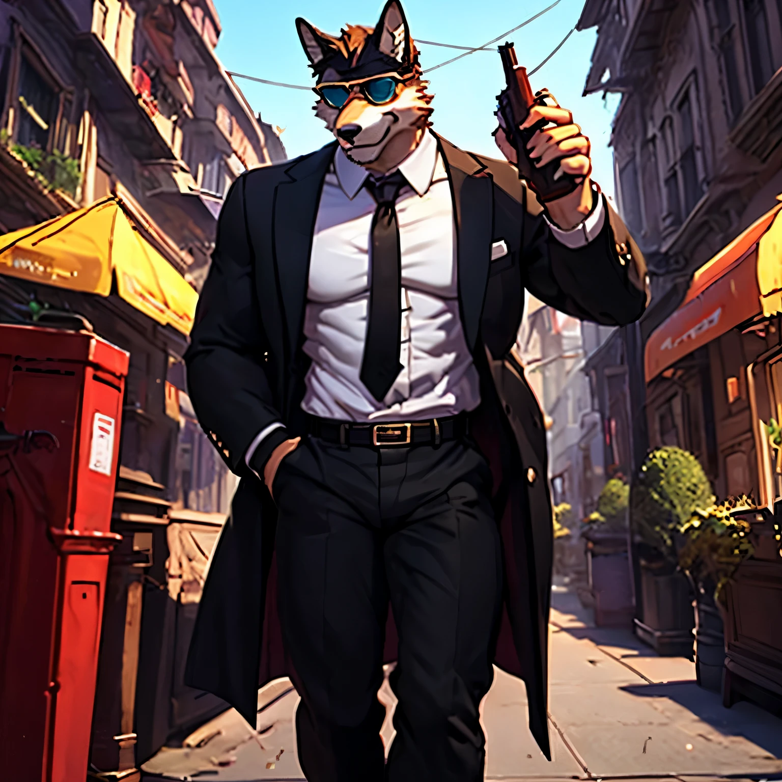 4k, actual, high detail, Super eyes detailed, fashion clothing, Black trench coat, Black pants with belt,White shirt with blue tie,Abdominal muscles looming,fox,Holding a gun,Wearing stylish sunglasses,in the city,Motorbikes next to it