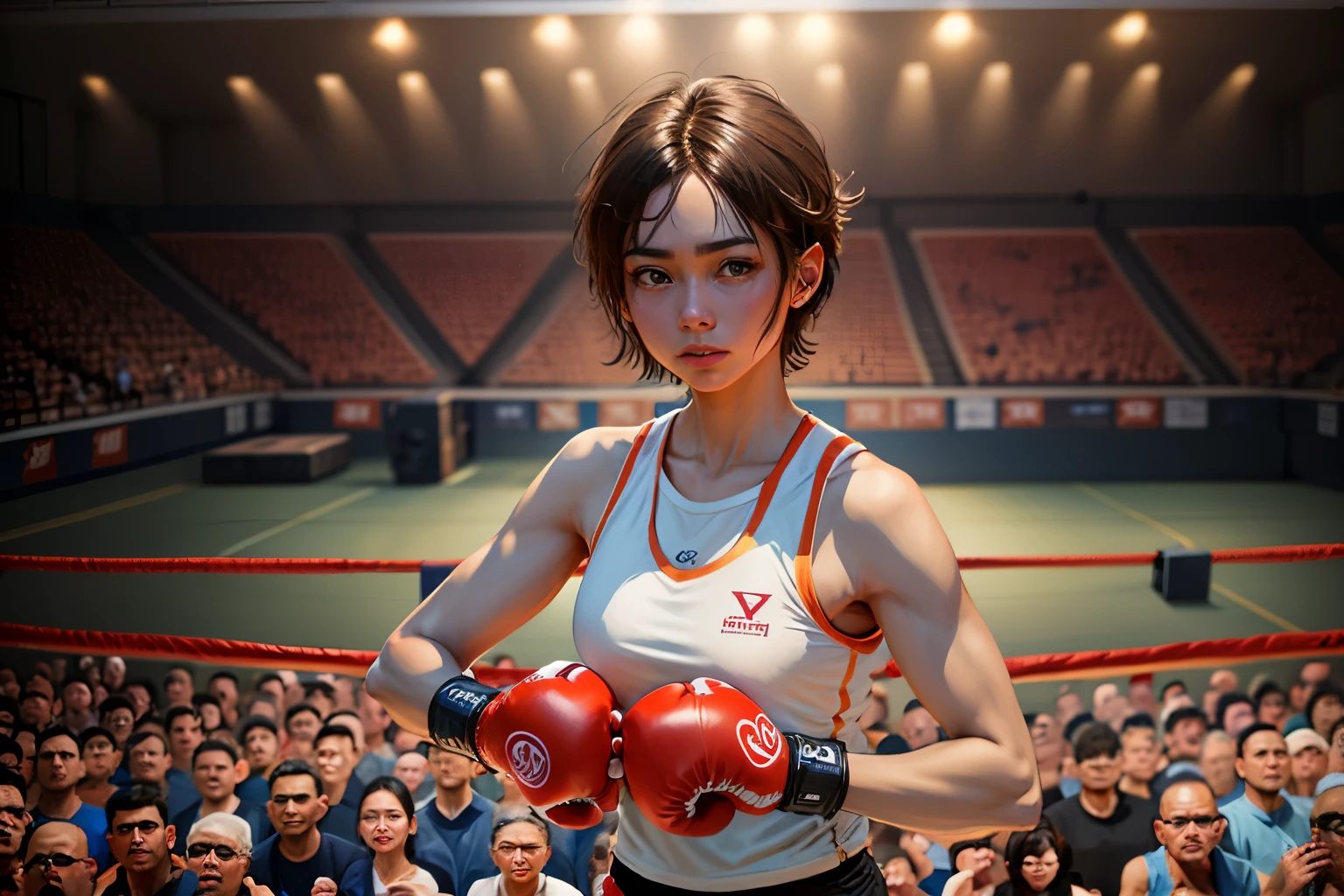 1girl, solo, short hair, brown hair, brown eyes, indoors, dark skin, tank top, red_boxing gloves,masterpiece, 4k, Asian women, solo, shorthair, boxer, white vest, standing infront of the boxing court, cool face, boxing court background, dim light, pretty face, detailed background, (audiences), (crowds and noise), ,filmgirls