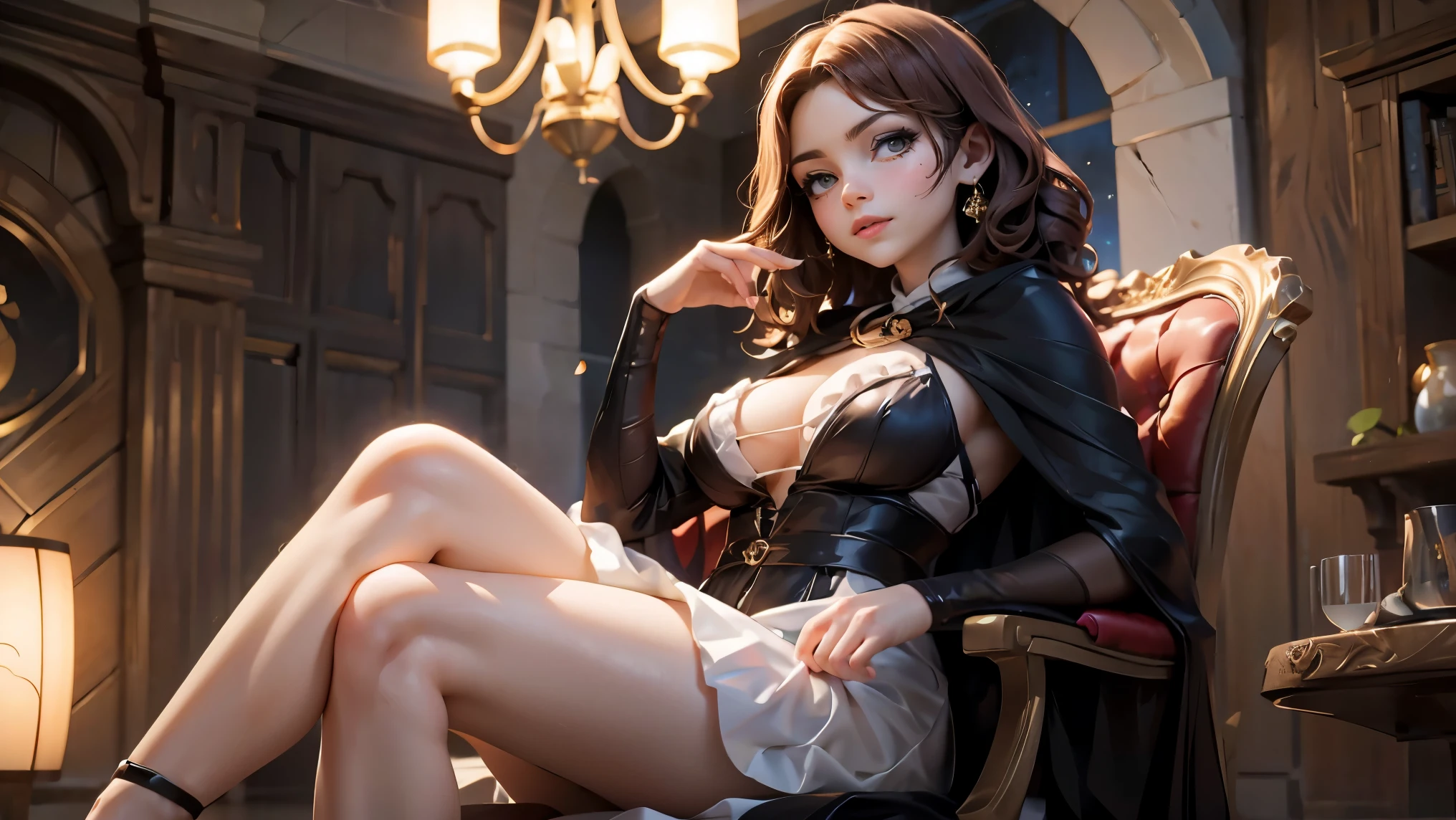 (Melina, Elden Ring), 1 girl, (full body shot), masterpiece, smirk, dynamic pose, dynamic angle, (ball gown:1.2), split thigh dress, siting on chair, showin her golden high heels, high heels, stocking, looking at viewer, tavern