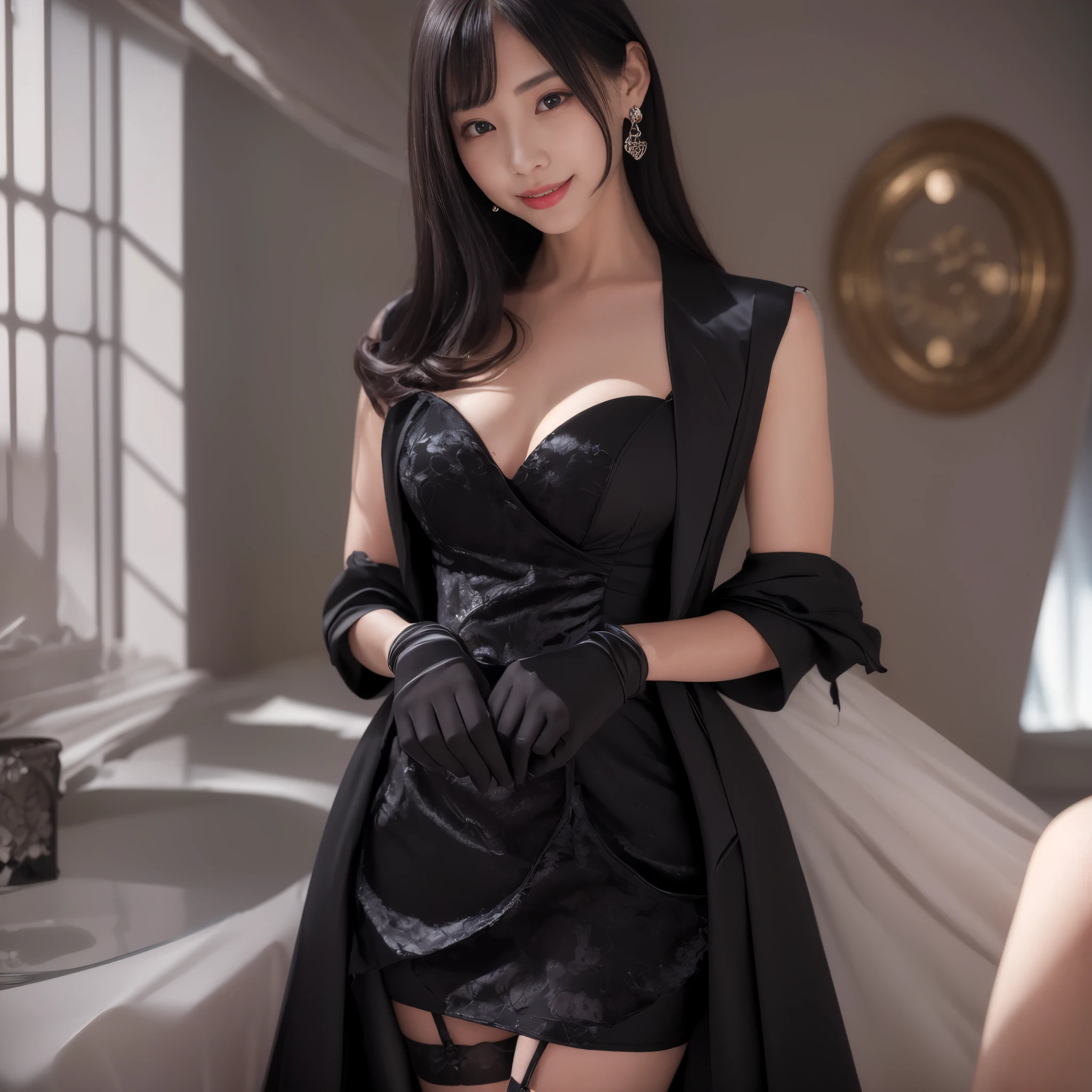 Arafe woman in black dress and stockings poses for a photo, wearing a black aristocratic suit, surreal sweet bunny girl, Elegant and glamorous cosplay, anime girl in a black dress, Trending on cgstation, elegant girl, elegant smile pose, sexy dress, gorgeous maid, Cute elegant pose, maid dress, anime girl cosplay, elegant japanese woman, seductive anime girl