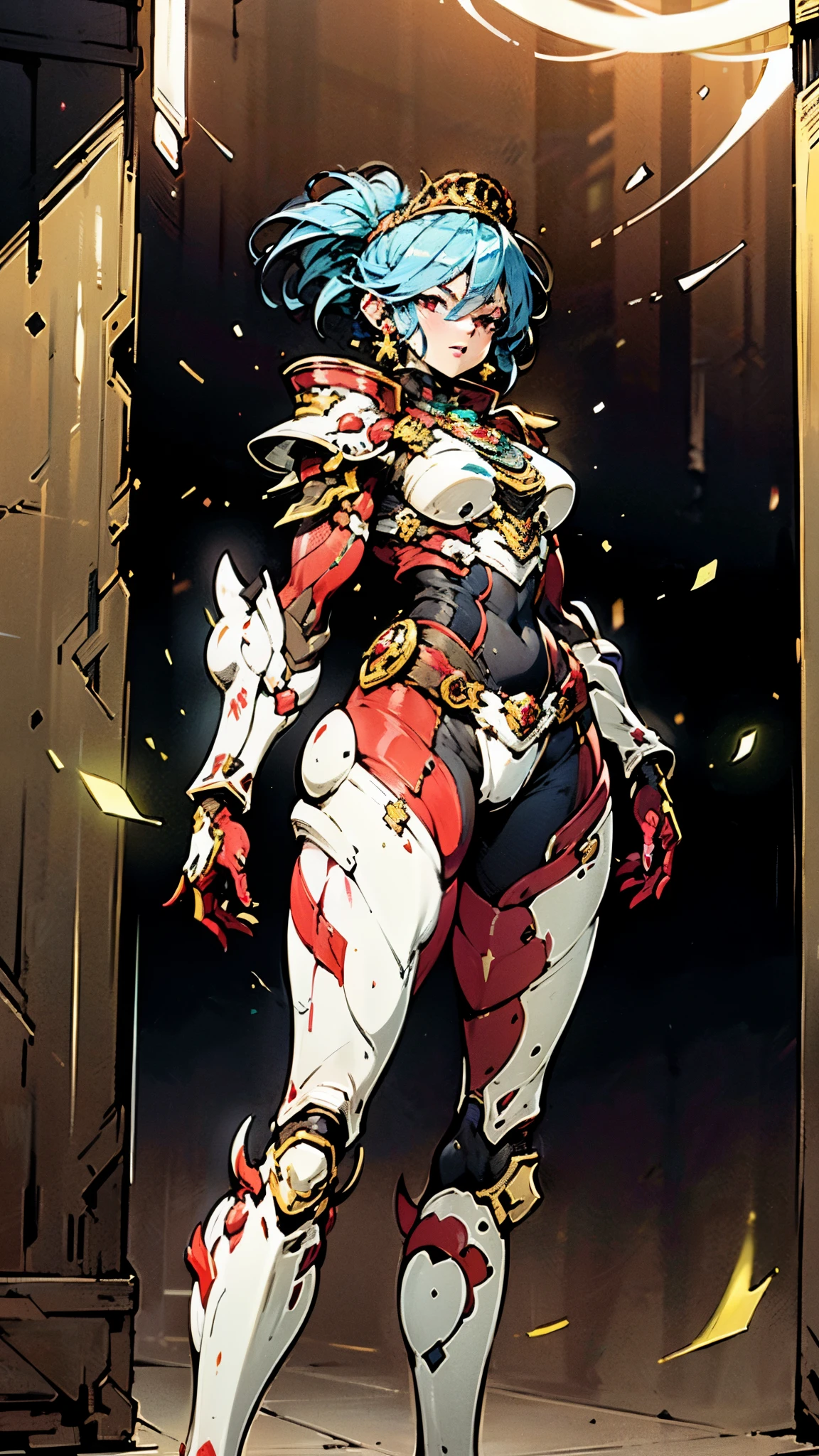 A woman adorned in fantasy-style full-body armor, a crown-concept fully enclosed helmet that unveils only her eyes, a composite layered chest plate, fully encompassing shoulder and hand guards, a lightweight waist armor, form-fitting shin guards, the overall design is heavy-duty yet flexible, ((the armor gleams with a golden glow, complemented by red and blue accents)), exhibiting a noble aura, she floats above a fantasy-surreal high-tech city, this character embodies a finely crafted fantasy-surreal style armored hero in anime style, exquisite and mature manga art style, (Queen bee mixed with Spider concept Armor, plasma, blood), ((Element, energy, elegant, goddess, femminine:1.5)), metallic, high definition, best quality, highres, ultra-detailed, ultra-fine painting, extremely delicate, professional, anatomically correct, symmetrical face, extremely detailed eyes and face, high quality eyes, creativity, RAW photo, UHD, 32k, Natural light, cinematic lighting, masterpiece-anatomy-perfect, masterpiece:1.5