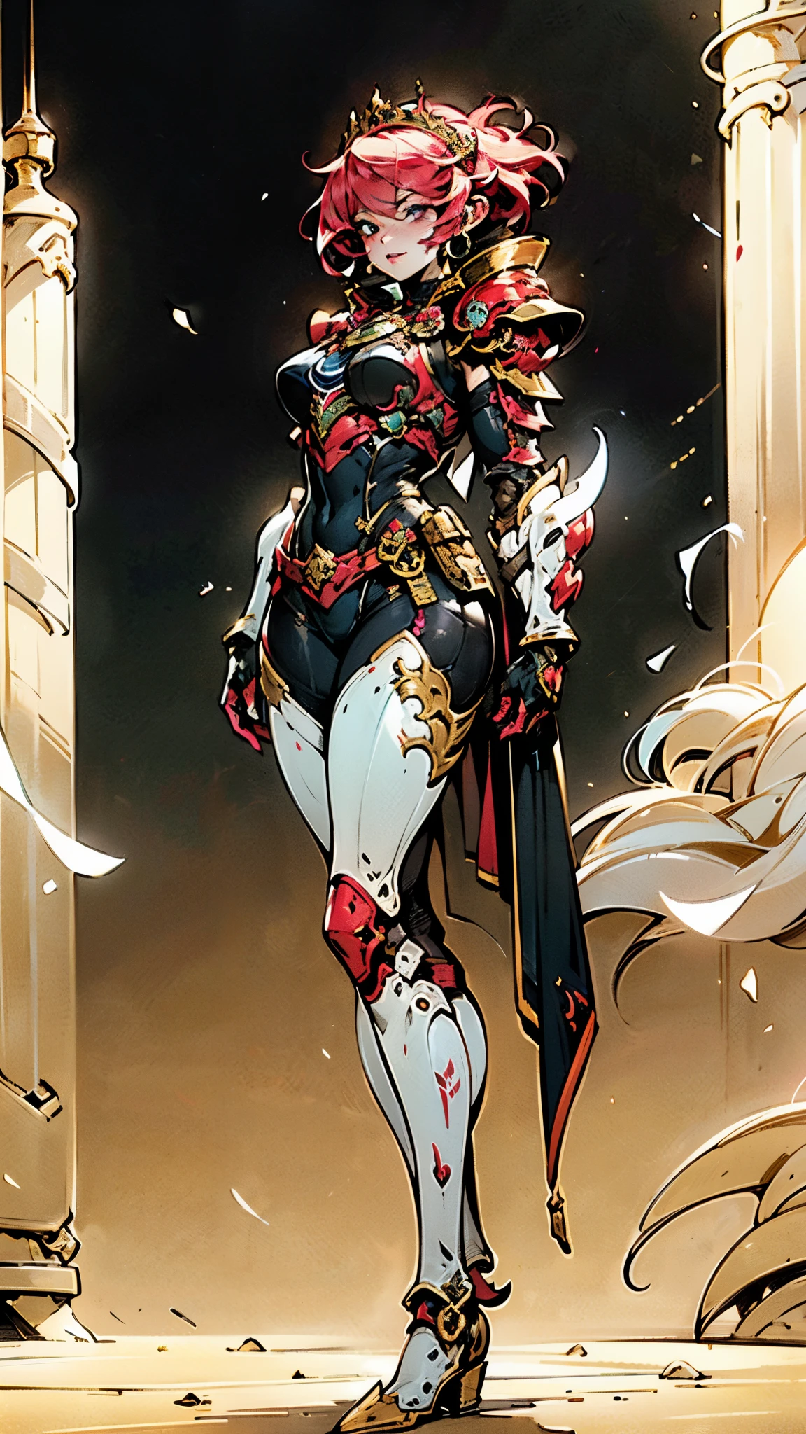 A woman adorned in fantasy-style full-body armor, a crown-concept fully enclosed helmet that unveils only her eyes, a composite layered chest plate, fully encompassing shoulder and hand guards, a lightweight waist armor, form-fitting shin guards, the overall design is heavy-duty yet flexible, ((the armor gleams with a golden glow, complemented by red and blue accents)), exhibiting a noble aura, she floats above a fantasy-surreal high-tech city, this character embodies a finely crafted fantasy-surreal style armored hero in anime style, exquisite and mature manga art style, (Queen bee mixed with Spider concept Armor, plasma, blood), ((Element, energy, elegant, goddess, femminine:1.5)), metallic, high definition, best quality, highres, ultra-detailed, ultra-fine painting, extremely delicate, professional, anatomically correct, symmetrical face, extremely detailed eyes and face, high quality eyes, creativity, RAW photo, UHD, 32k, Natural light, cinematic lighting, masterpiece-anatomy-perfect, masterpiece:1.5