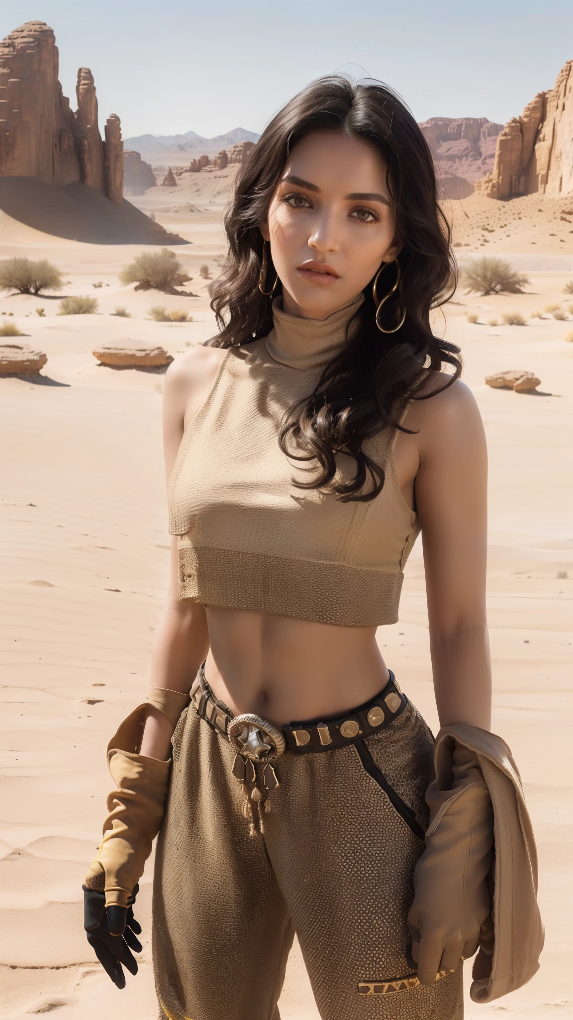 (Sunny day), black long curly hair, yellow eyes, look chic (crop top, gloves, sweatpants), at the desert, dusty clothing, (mountains, desert sandy, desert background, rocks. Sand), (realistic:1.2), (masterpiece:1.2), ((Cowboy-shot:1.2), dark romantic lighting, (highly detailed:1.2),(detailed face:1.2), (gradients), colorful, detailed eyes, (natural lighting:1.2), solo