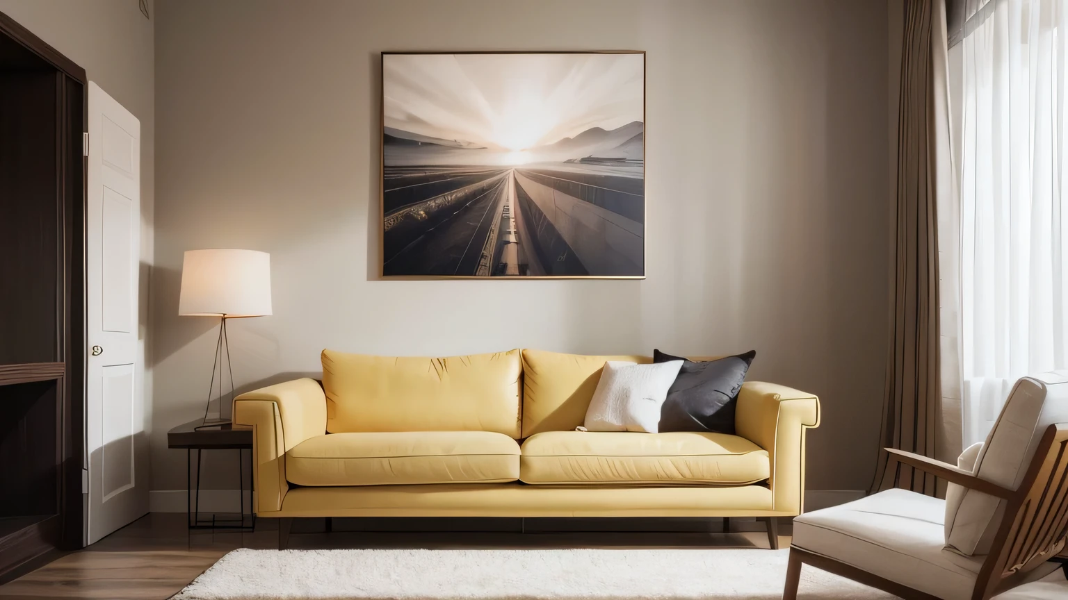 real estate photography, ((hyper-realistic)), (bedroom), masterpiece, best quality, super detail, ultra-high resolution, raw photo, modern living room, ( fabric sofa), (fabric pillow), brown and white, luxury, enchanting light style, light yellow and light black, combination of traditional and modern, light soft atmosphere, perfect lines, perfect geometry, taken with a mirrorless camera, extremely detailed Best quality.