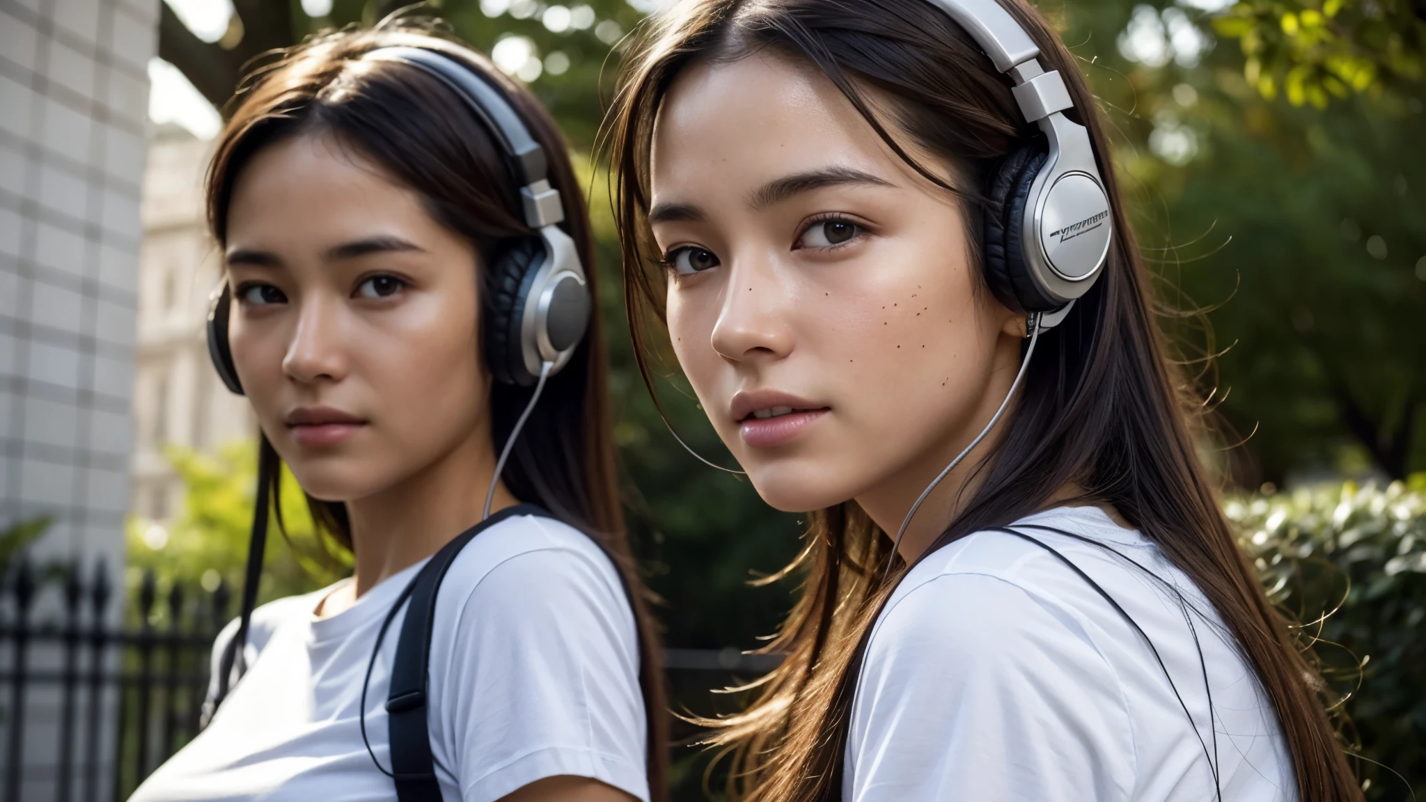 dressed, (photo realistic:1.4), (hyper realistic:1.4), (realistic:1.3), (smoother lighting:1.05), (increase cinematic lighting quality:0.9), 32K, 1girl,20yo girl, realistic lighting, backlighting, light on the face, ray trace, (brightening light:1.2), (Increase quality:1.4), (best quality real texture skin:1.4), finely detailed eyes, finely detailed happy face, finely quality eyes, (tired and sleepy and satisfied:0.0), face closeup, t-shirts with headphones, (Increase body line mood:1.1), (Increase skin texture beauty:1.1)