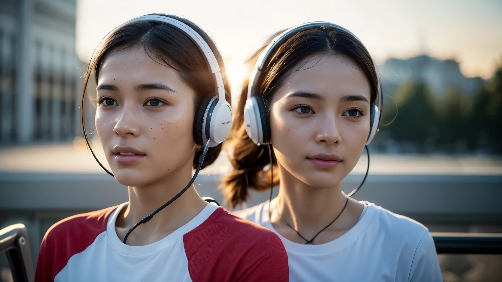 dressed, (photo realistic:1.4), (hyper realistic:1.4), (realistic:1.3), (smoother lighting:1.05), (increase cinematic lighting quality:0.9), 32K, 1girl,20yo girl, realistic lighting, backlighting, light on the face, ray trace, (brightening light:1.2), (Increase quality:1.4), (best quality real texture skin:1.4), finely detailed eyes, finely detailed happy face, finely quality eyes, (tired and sleepy and satisfied:0.0), face closeup, t-shirts with headphones, (Increase body line mood:1.1), (Increase skin texture beauty:1.1)