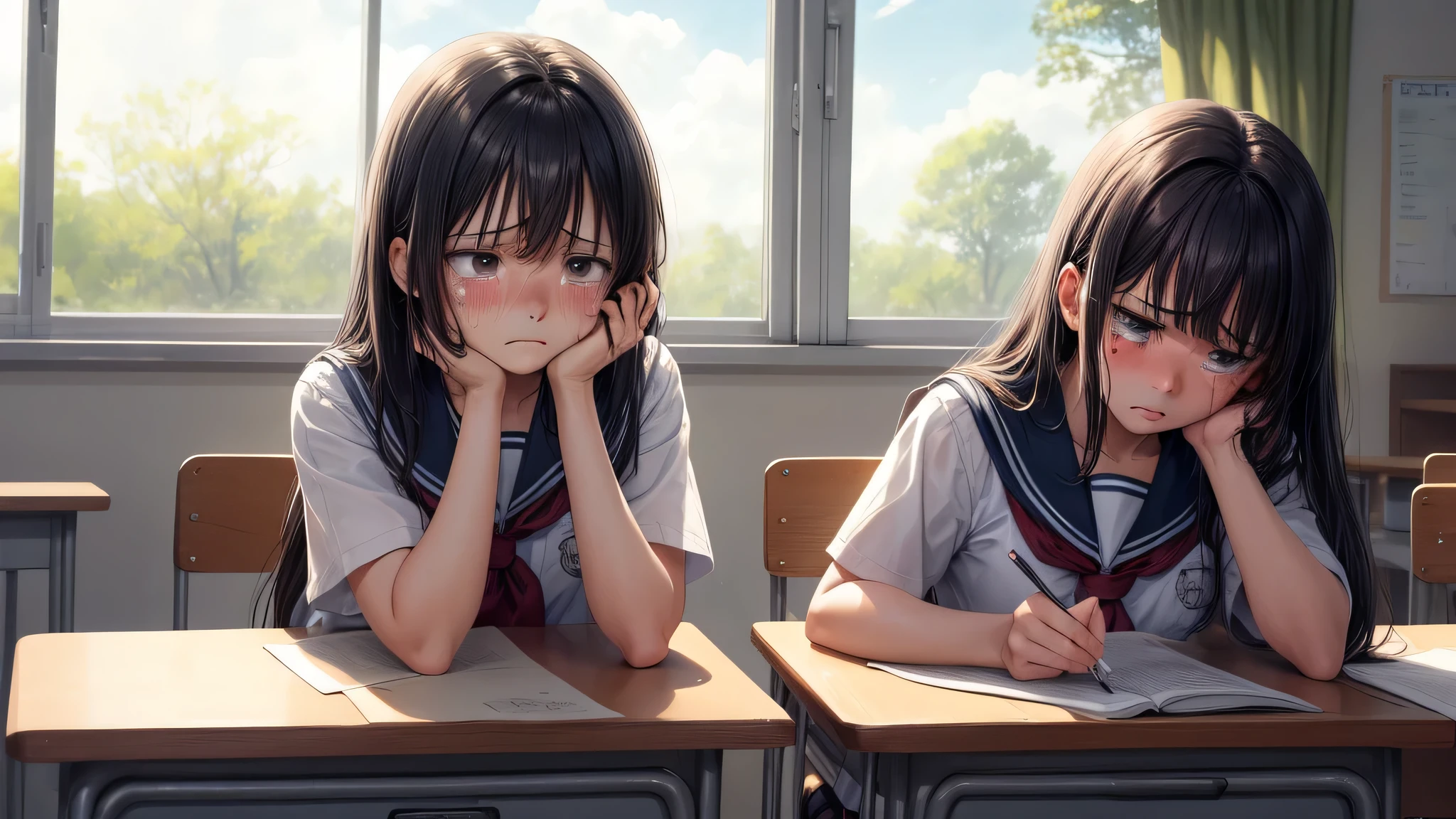 (2 girls:1.2), cute face, (school uniform, mini skirt:1.2), (highest quality: 1.4), (Super detailed), (highest quality:1.4), (super detailed), School, classroom, machine, Chair, blackboard, window, Day光, cherry blossoms,  Sunny, cloud, Day, blue sky, (anime illustration), very high resolution, (Upper body), (Are crying, tears in my eyes, shed tears, blush, sad expression:1.2),