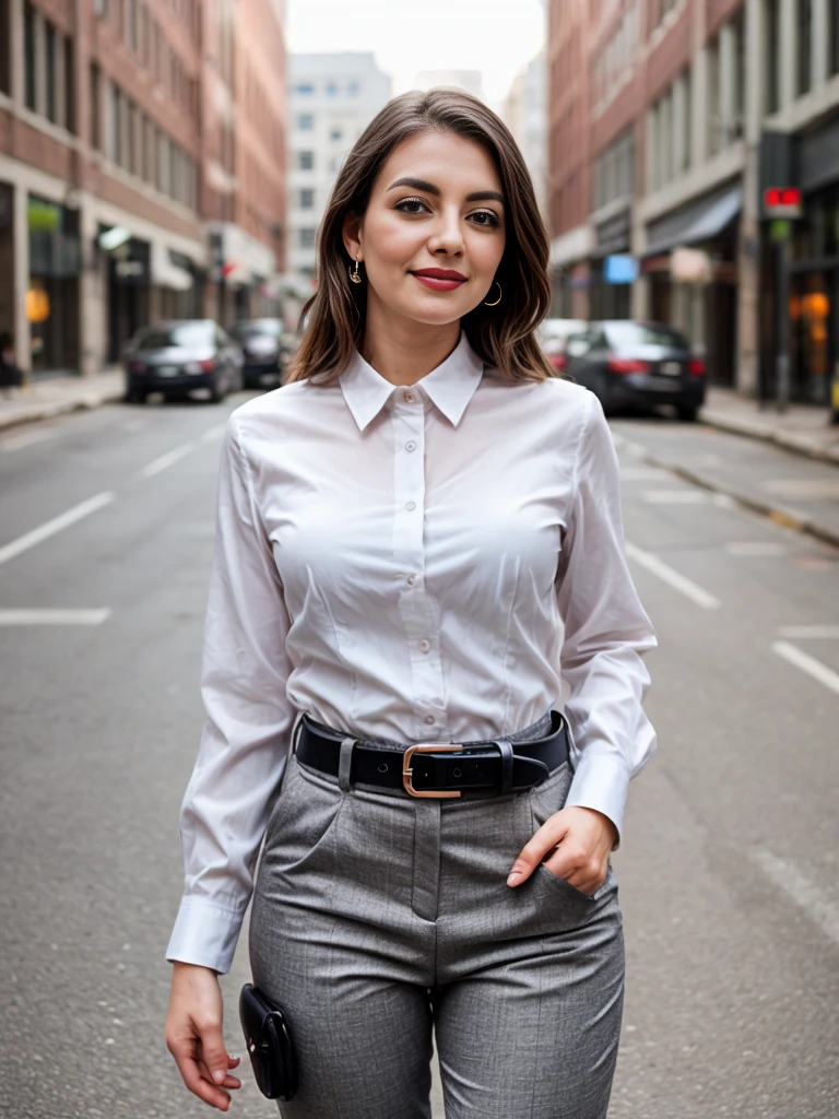 beautiful photograph of a smart looking office lady, solo, outdoors, standing against a midnight city skyline at, street light alleyway wearing a crisp (white, collared shirt), fine fabric emphasis, perfectly defined button detailing, (((black high-waisted pants))), belt, diamond stud earrings, (long sleek back, platinum blonde hair), stunning brown eyes, freckles, ((cheeky sensual smile)), slender figure, full body shot, photographed on a Fujifilm XT3, 80mm F/1.7 prime lens, cinematic film still, cinestill 500T, highly detailed, masterpiece, highest quality, intricately detailed, HDR, 8k, uhd, photorealistic