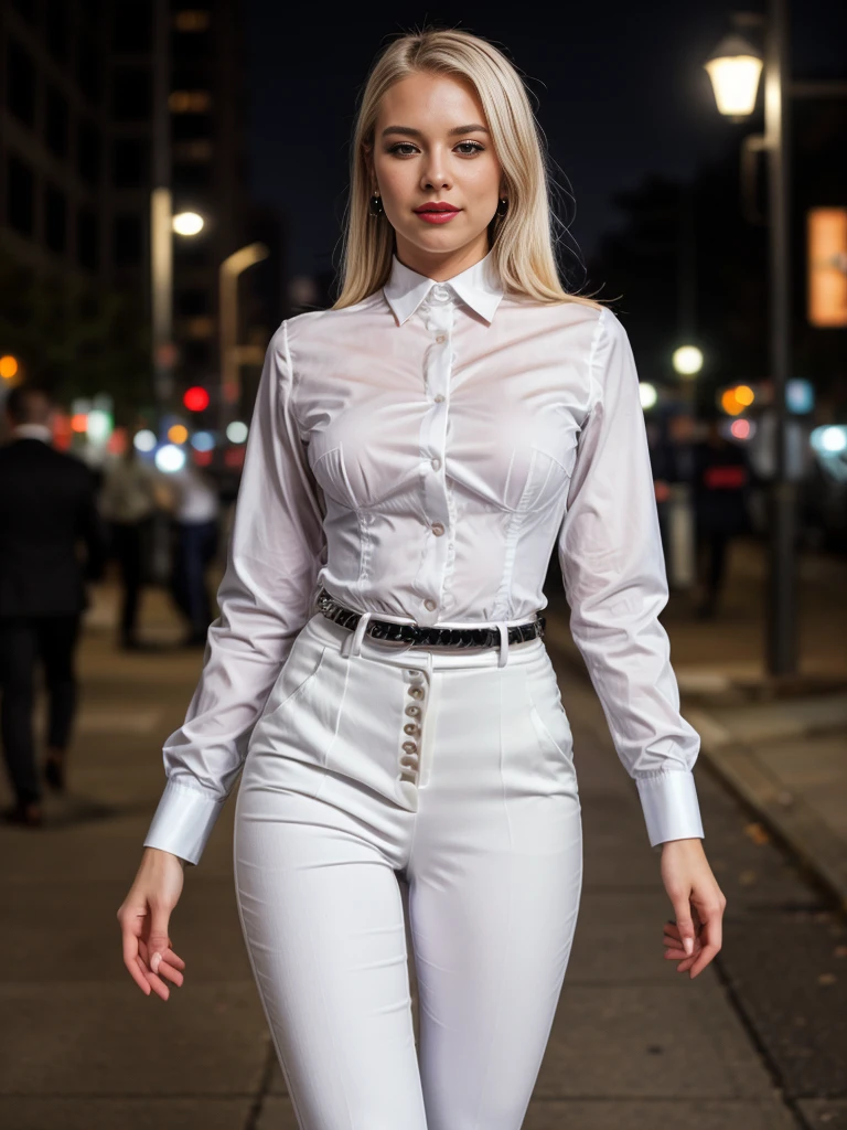 beautiful photograph of a smart looking office lady, solo, outdoors, standing against a midnight city skyline at, street light alleyway wearing a crisp (white, collared shirt), fine fabric emphasis, perfectly defined button detailing, (((black high-waisted pants))), belt, diamond stud earrings, (long sleek back, platinum blonde hair), stunning brown eyes, freckles, ((cheeky sensual smile)), slender figure, full body shot, photographed on a Fujifilm XT3, 80mm F/1.7 prime lens, cinematic film still, cinestill 500T, highly detailed, masterpiece, highest quality, intricately detailed, HDR, 8k, uhd, photorealistic